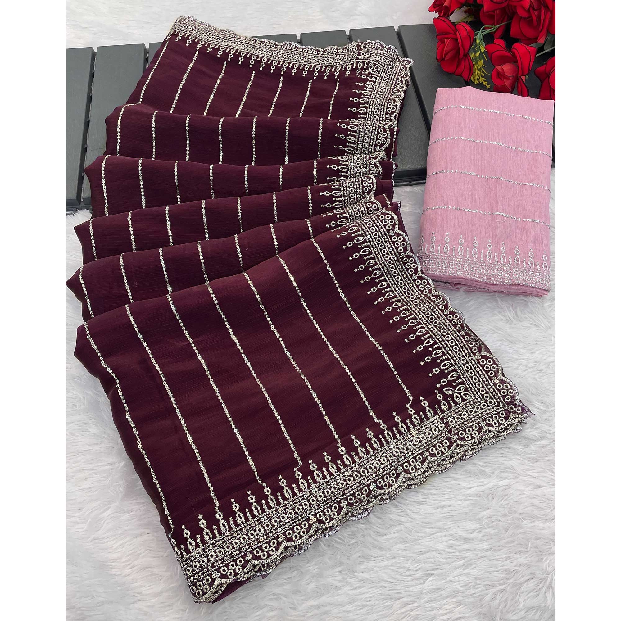 Wine Sequins Embroidered Chiffon Saree - Image 5