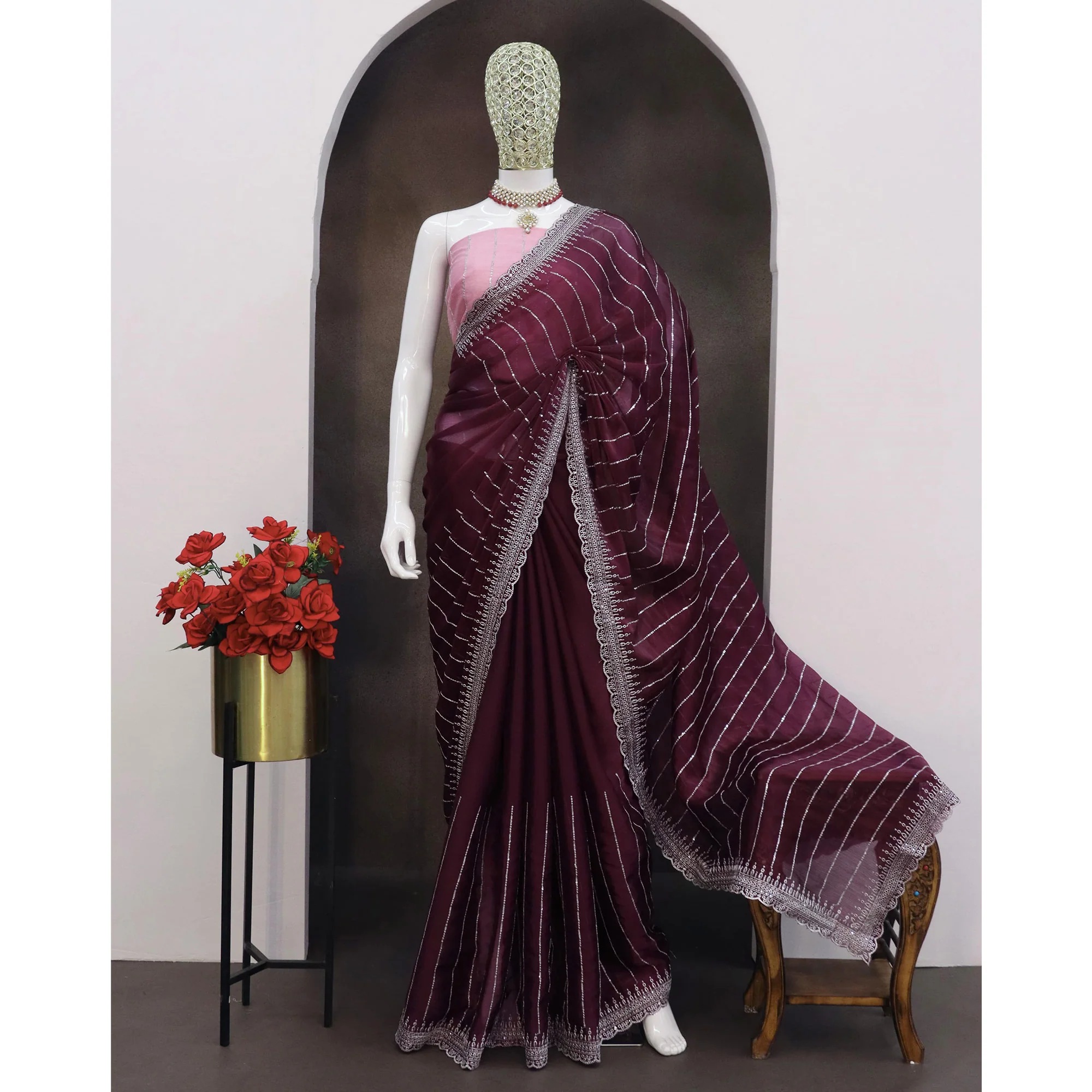 Wine Sequins Embroidered Chiffon Saree - Image 6