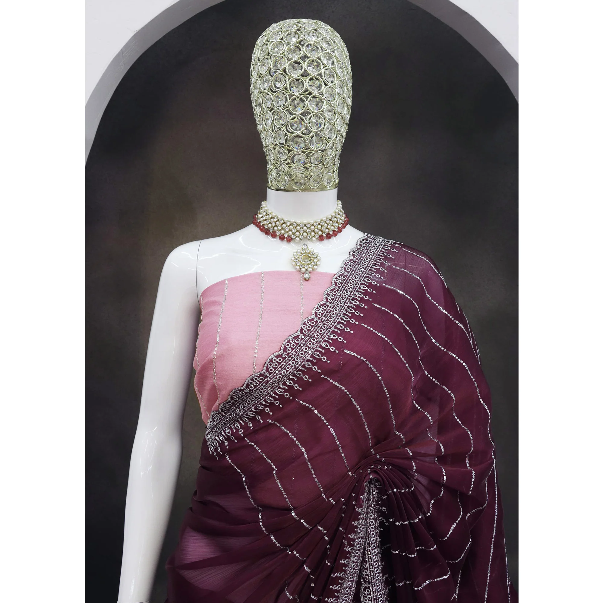 Wine Sequins Embroidered Chiffon Saree - Image 7