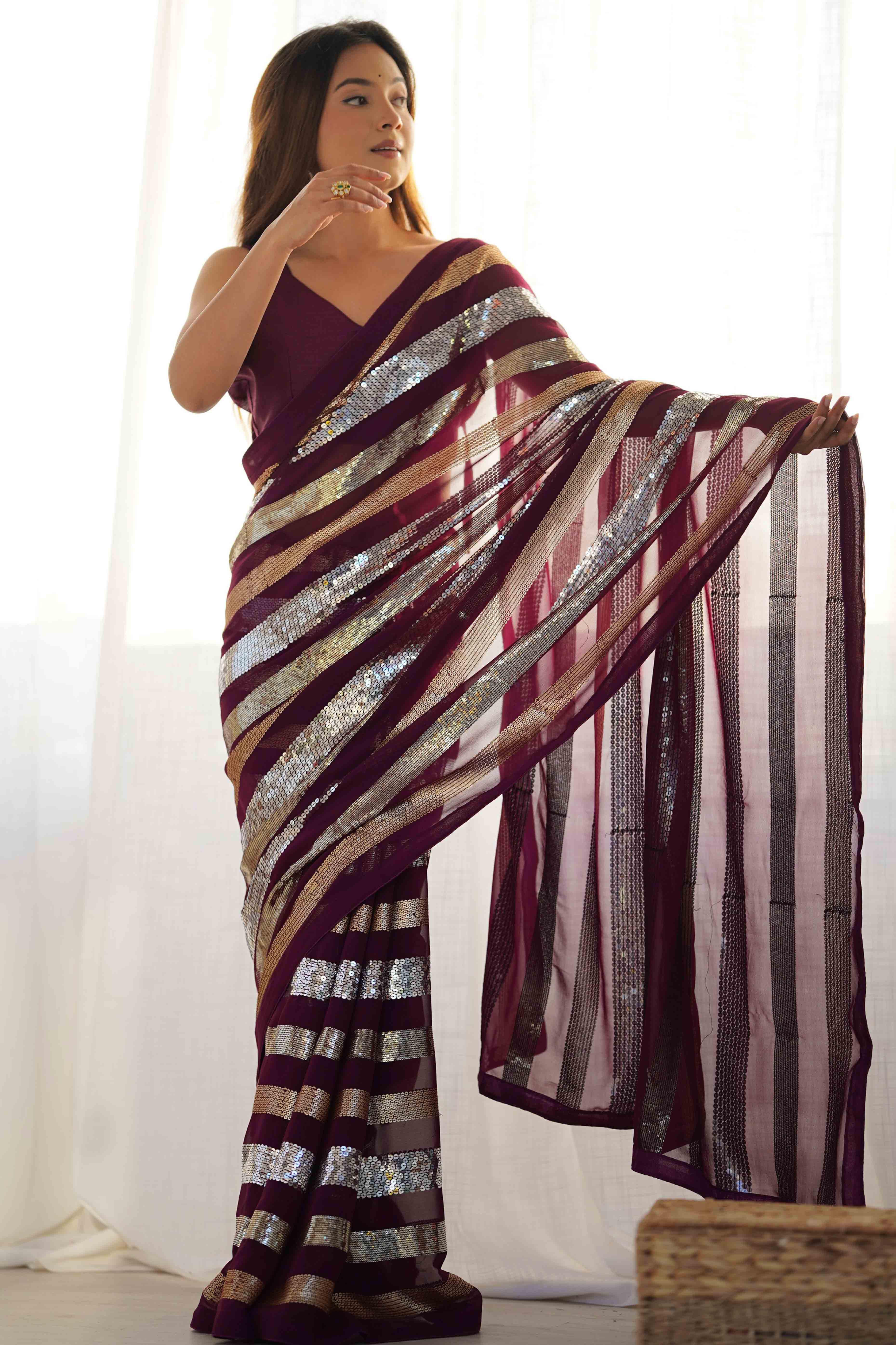 Wine Sequins Embrodered Georgette Saree - Image 5