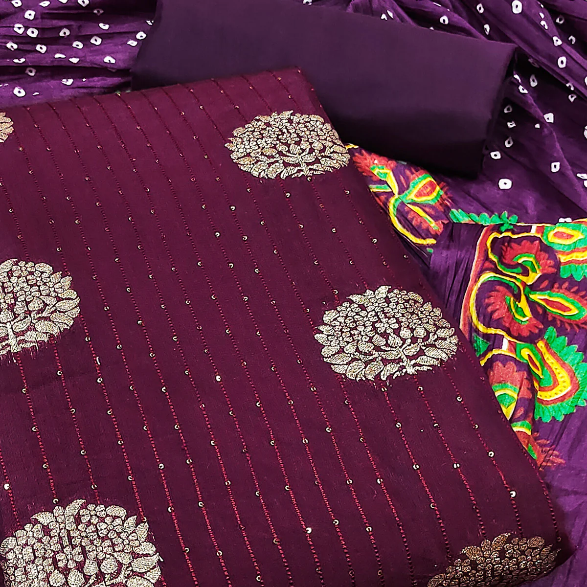 Wine Sequins Embroidered With Woven Jacquard Dress Material - Image 2