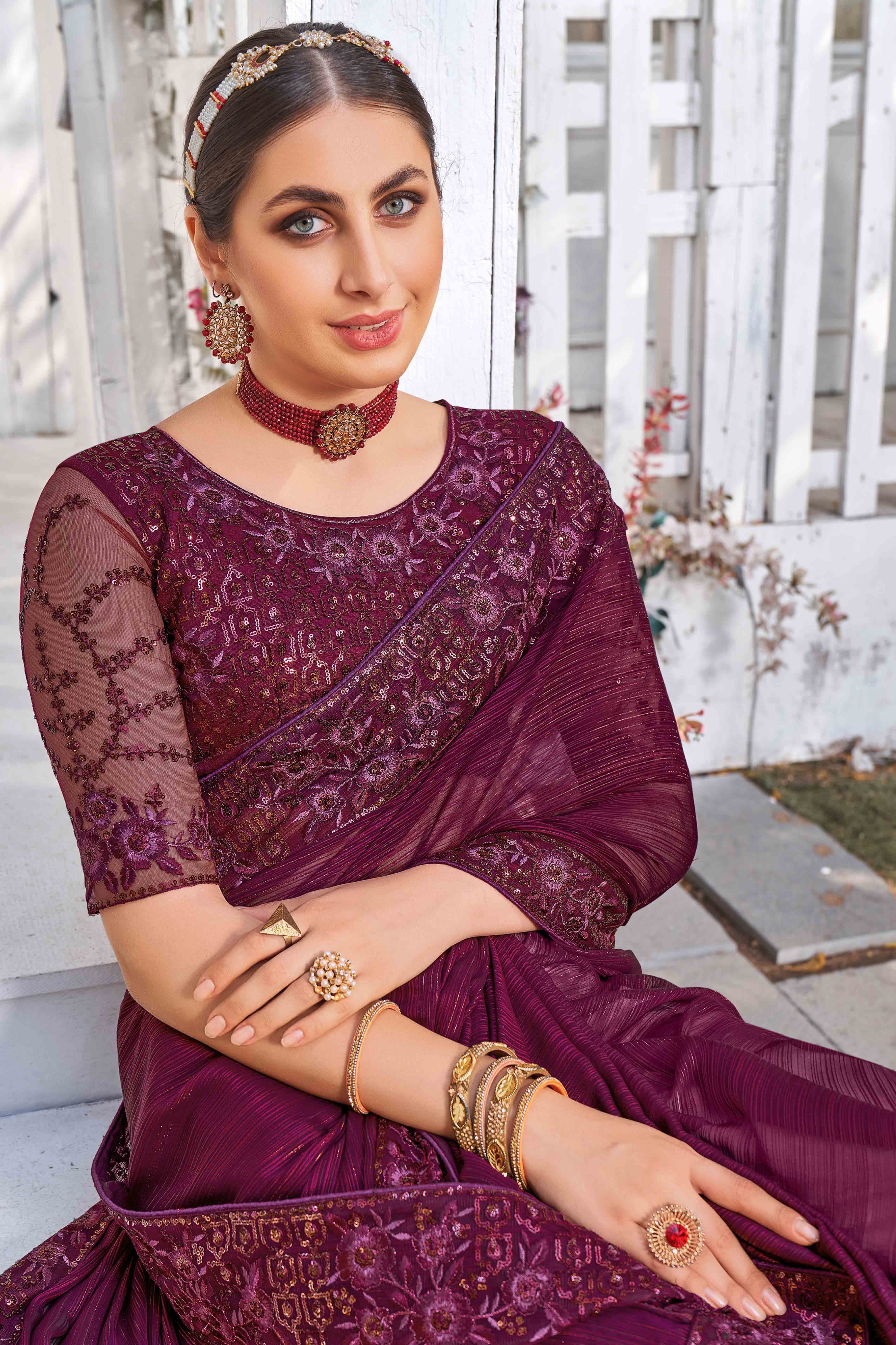 Wine Sequins With Floral Embroidered Georgette Saree - Image 3