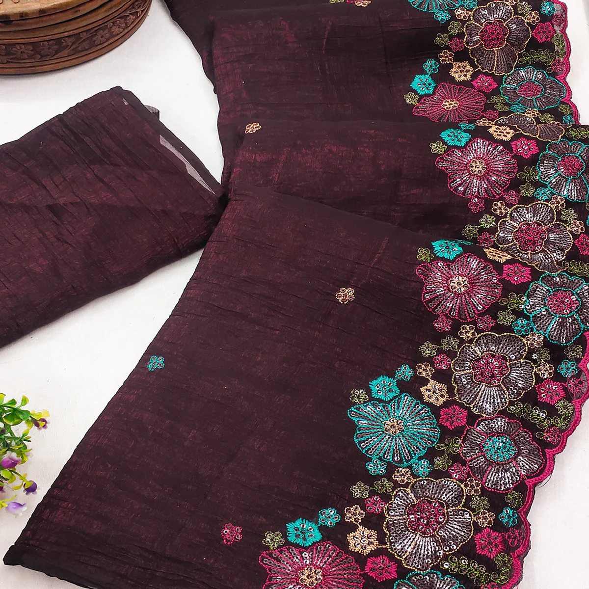 Wine Sheer Chiffon Saree with Artistic Floral Sequins Work - Image 2