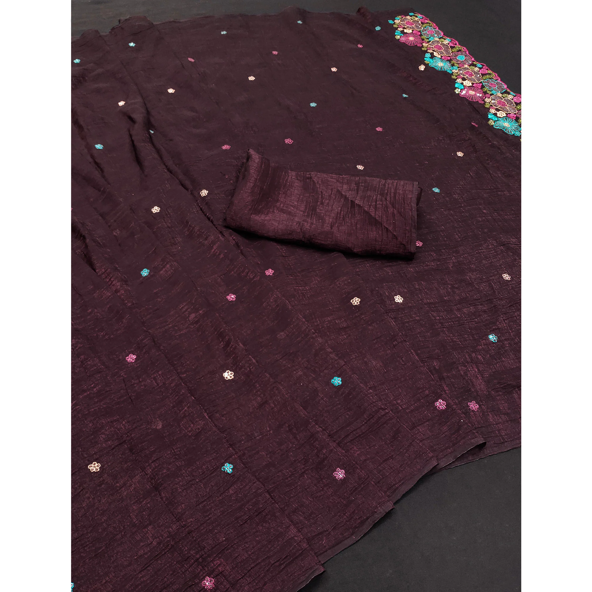 Wine Sheer Chiffon Saree with Artistic Floral Sequins Work - Image 3