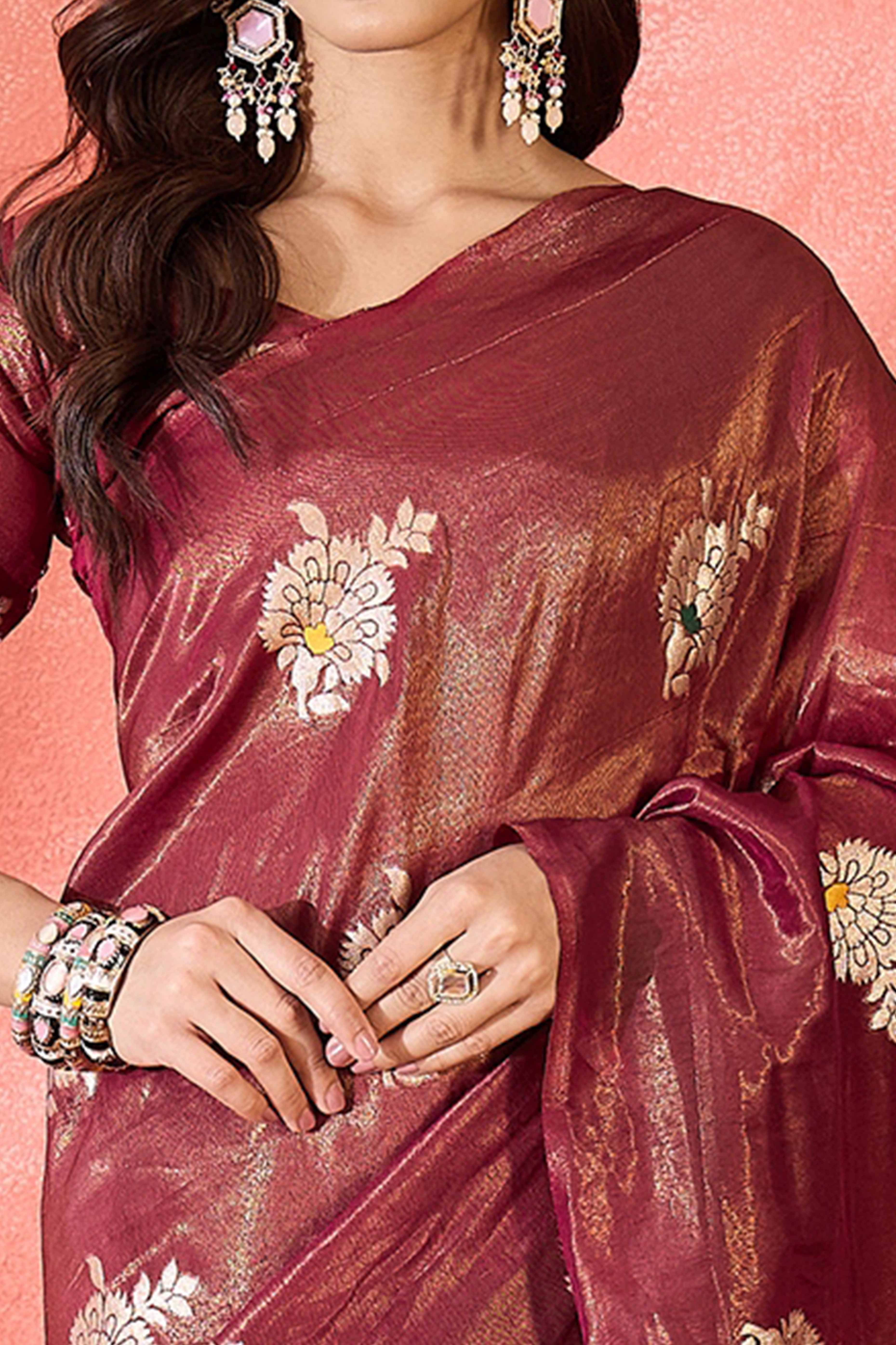 Wine Shimmer Saree Featuring Intricate Floral Zari Weaving & Tassel Finish - Image 2