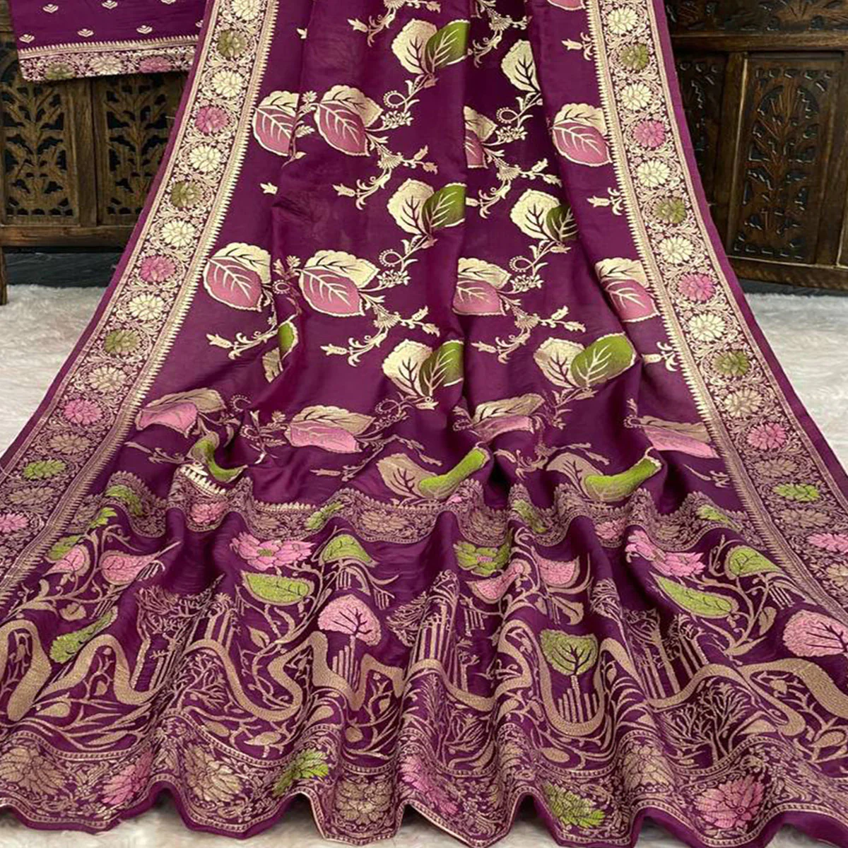 Wine Soft Dola Silk Saree Adorned with Intricate Meenakari-Style Weaving - Image 2