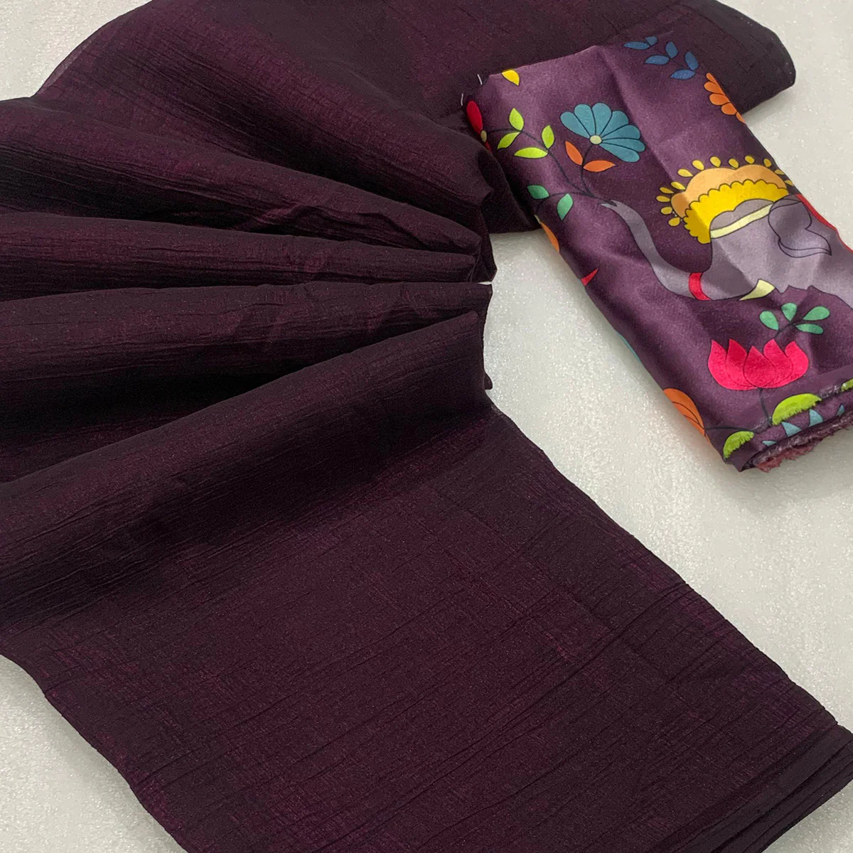 Wine Solid Crepe Crush Saree - Image 2