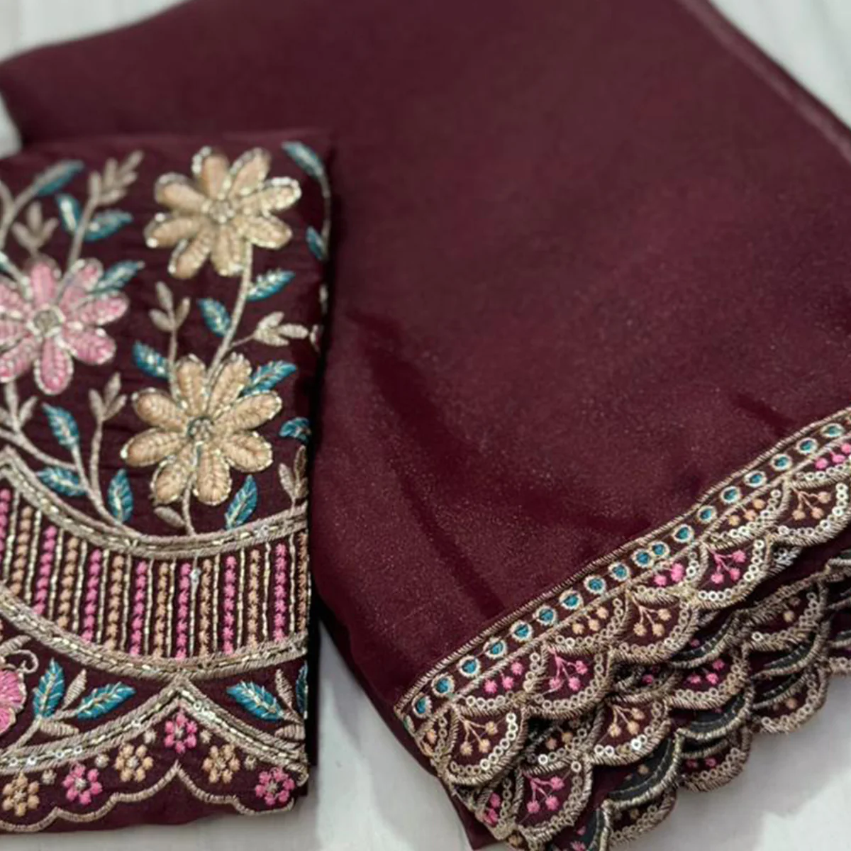 Wine Solid Georgette Saree With Embroidered Blouse Piece And Embroidered Border - Image 2