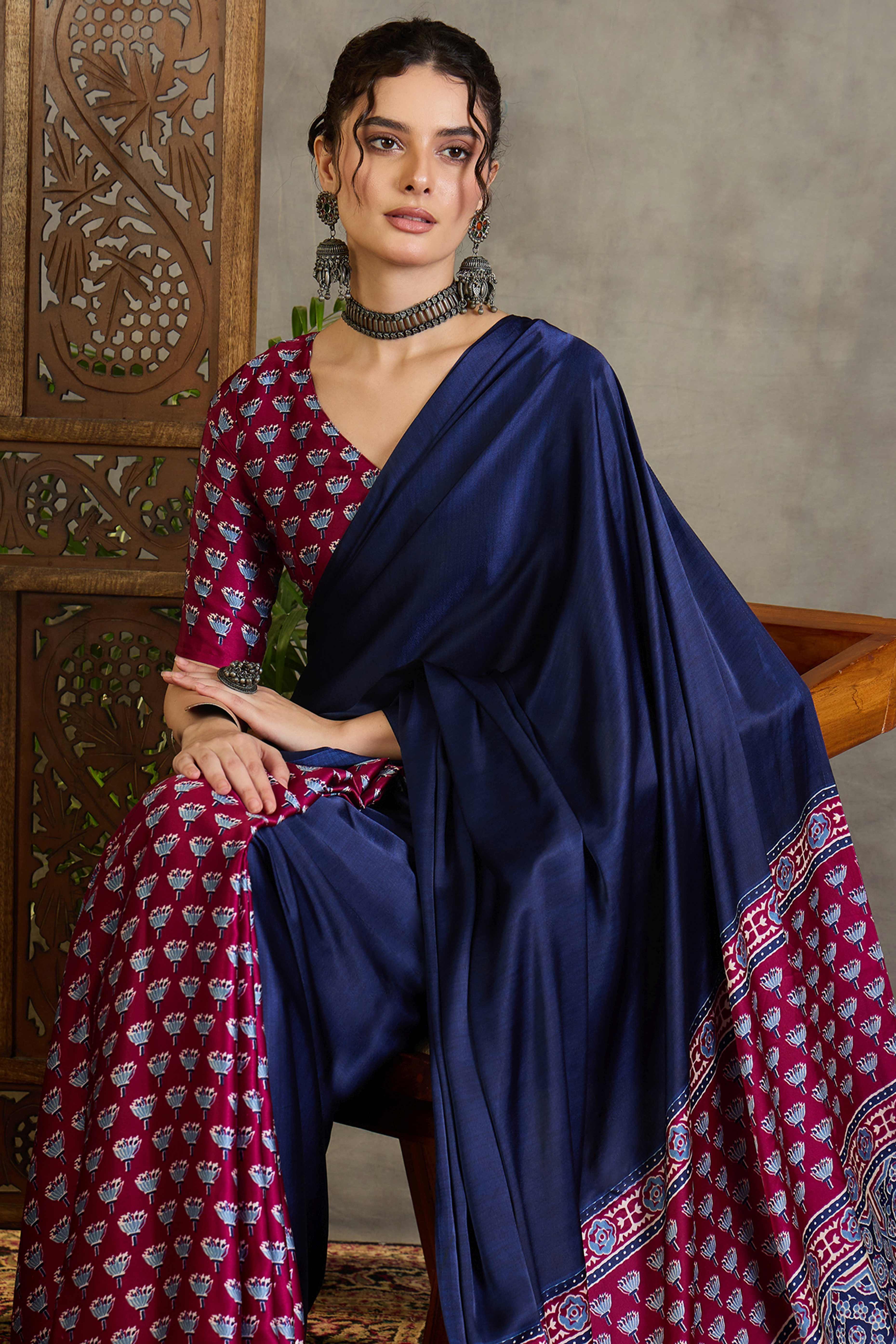 Wine Solid Modal Satin Saree Highlighted with Classic Ajrakh Pallu Design - Image 6