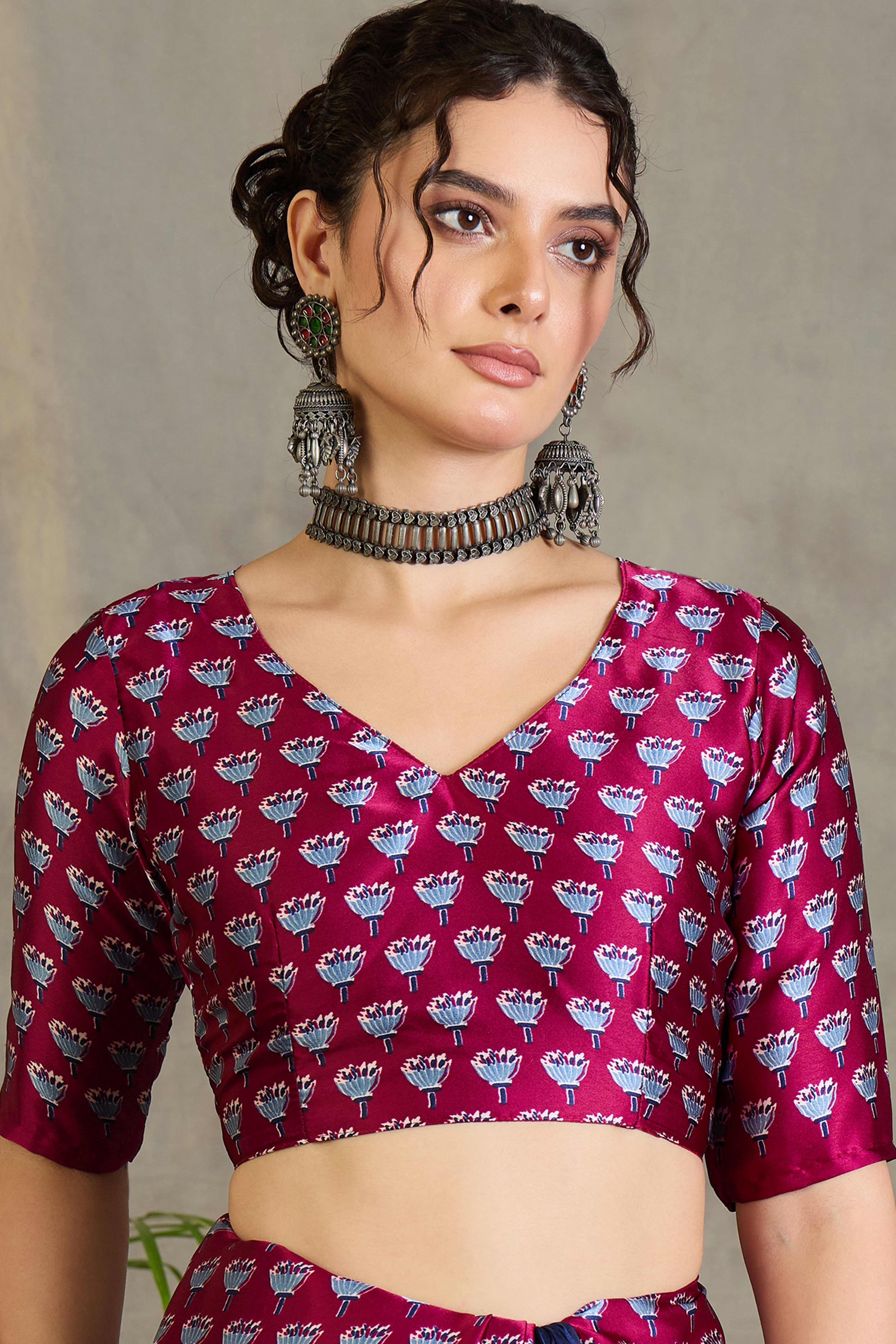 Wine Solid Modal Satin Saree Highlighted with Classic Ajrakh Pallu Design - Image 8