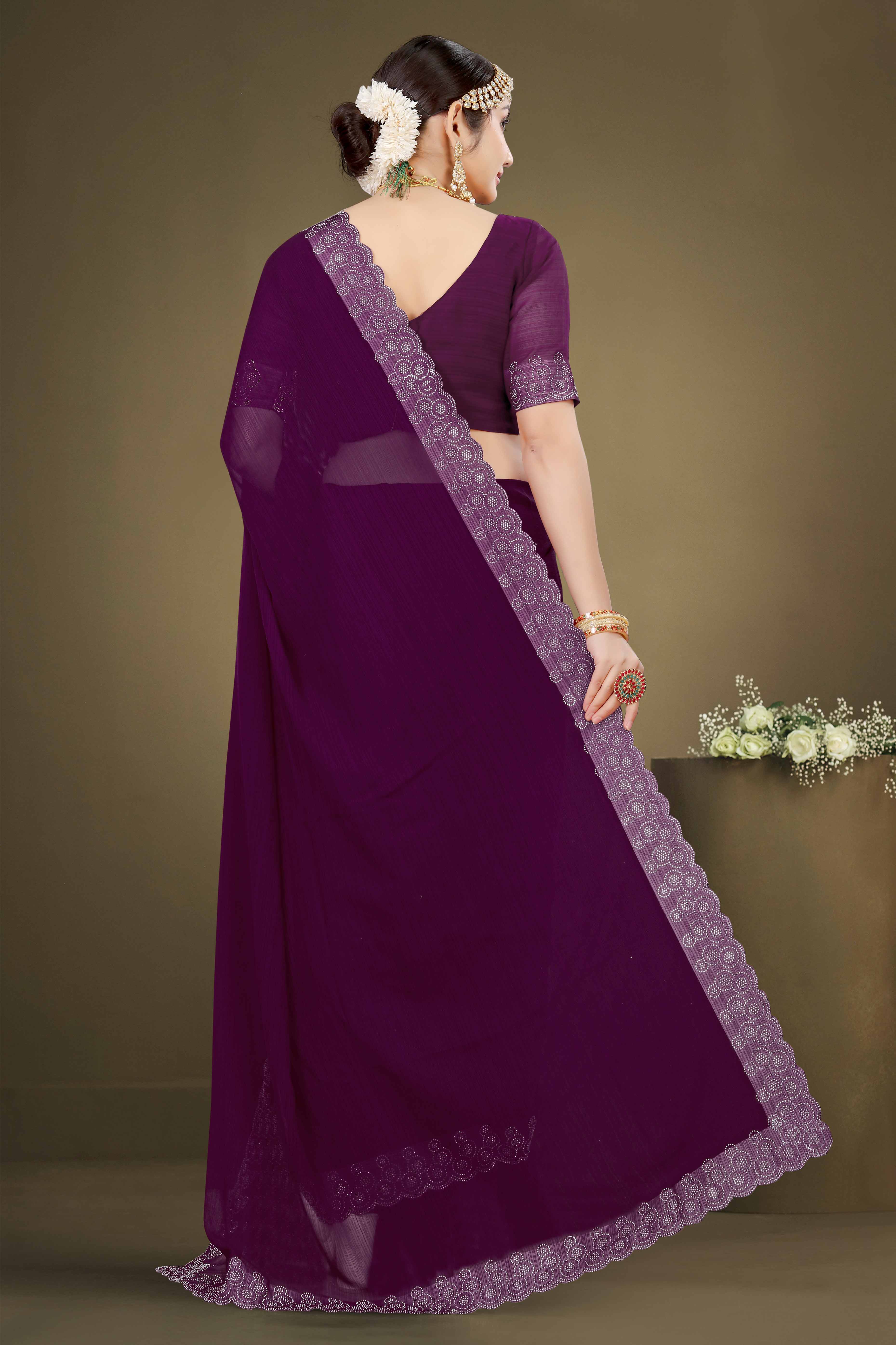 Wine Solid With Swarovski Work Chiffon Saree - Image 5