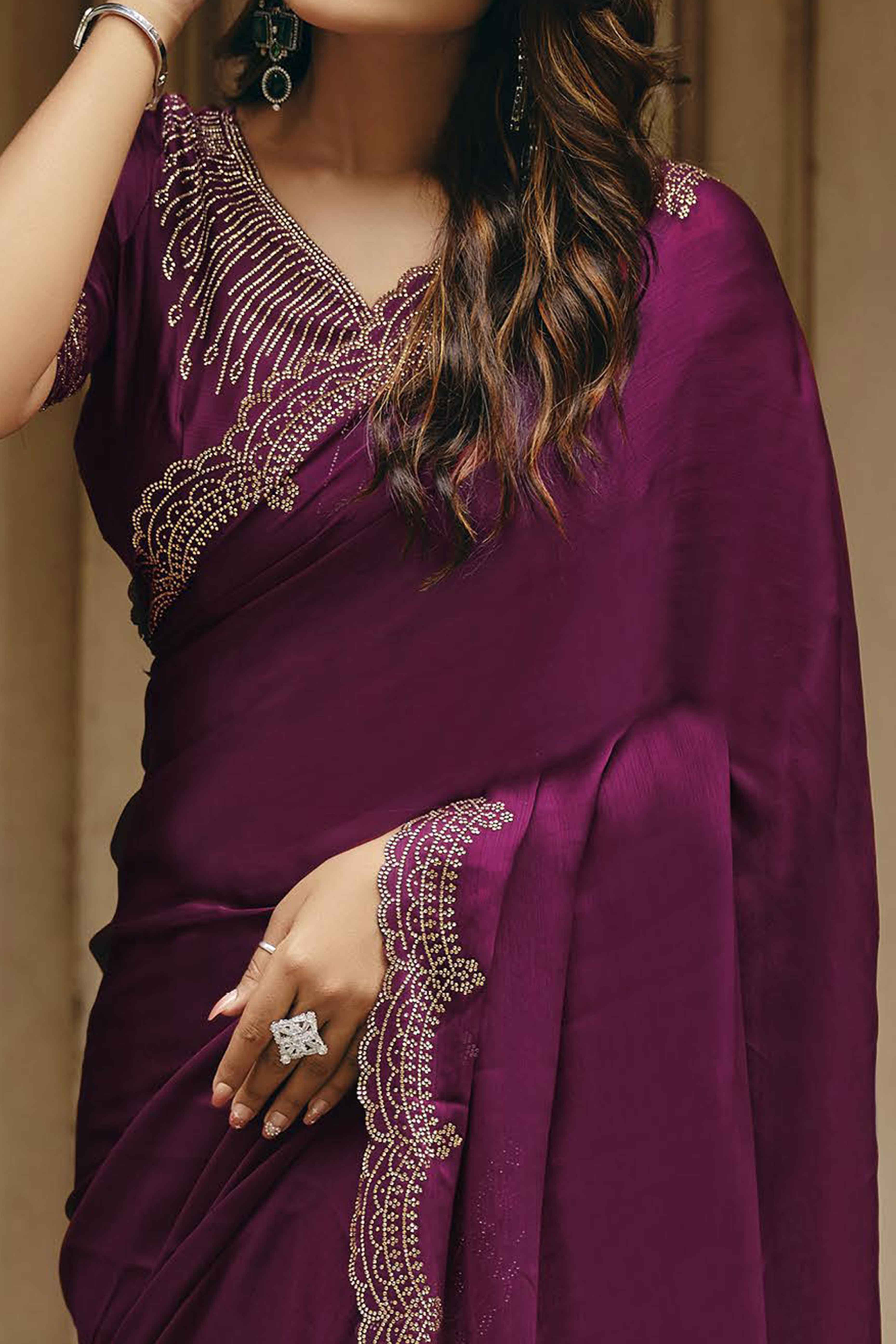 Wine Stone Work Embellished Satin Saree for Glamorous Party Look - Image 2