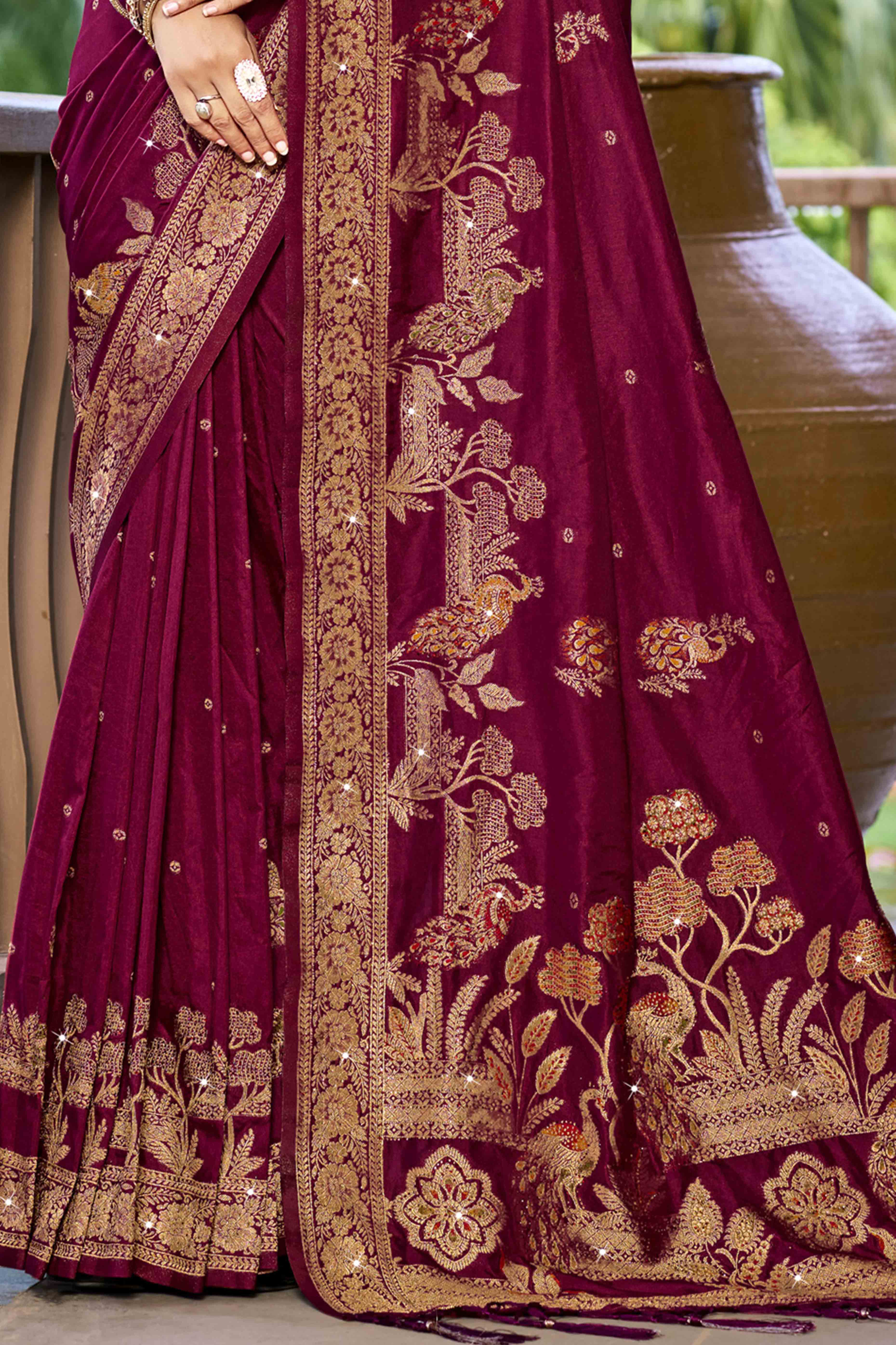 Wine Stone Work Weaving Satin Silk Saree - Image 4