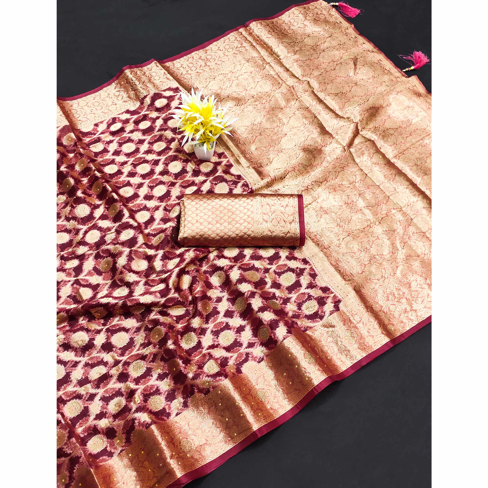 Wine Stone Work Woven Organza Jacquard Saree - Image 4