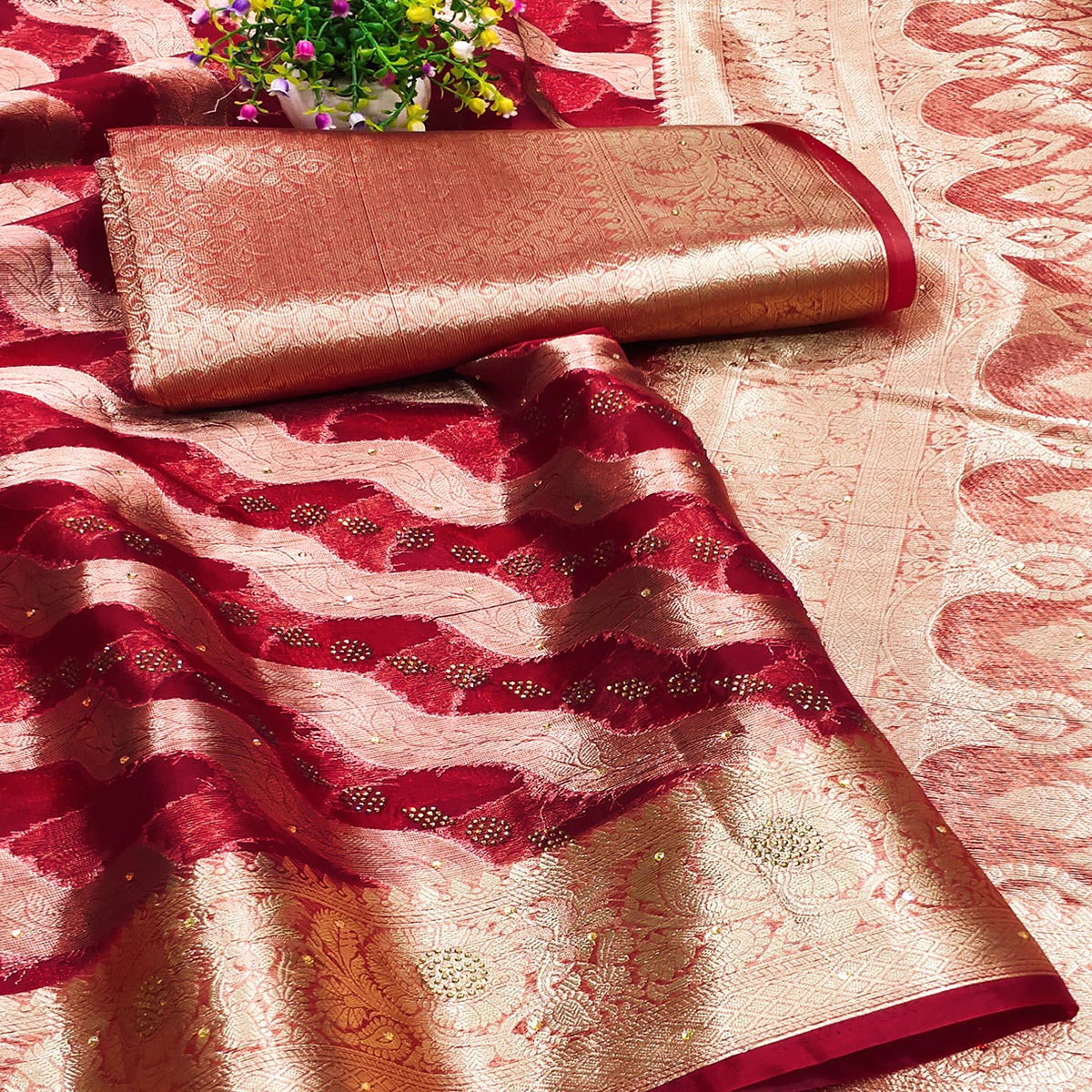 Wine Stone Work Woven Organza Jacquard Saree - Image 2