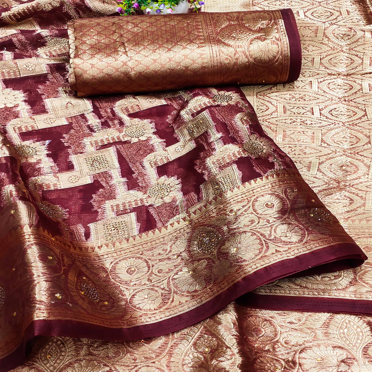 Wine Stone Work Woven Organza Jacquard Saree - Image 2