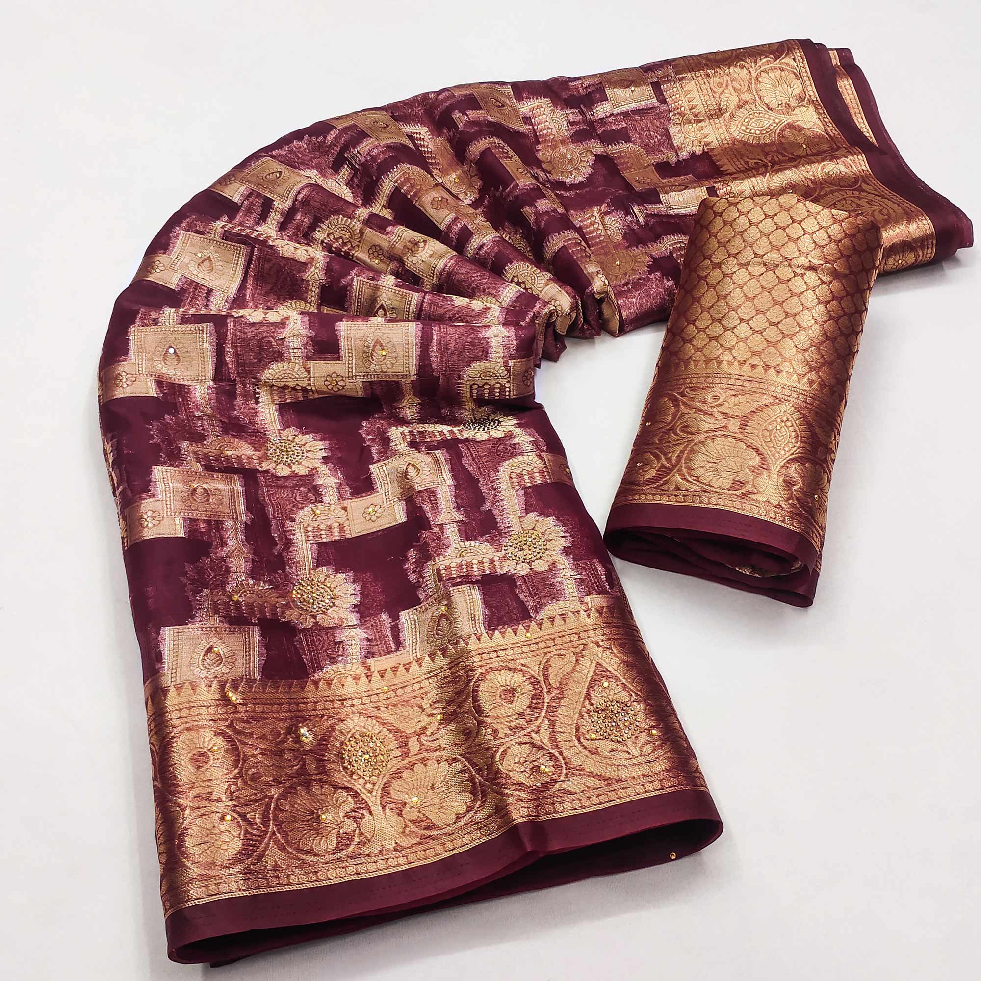 Wine Stone Work Woven Organza Jacquard Saree - Image 3