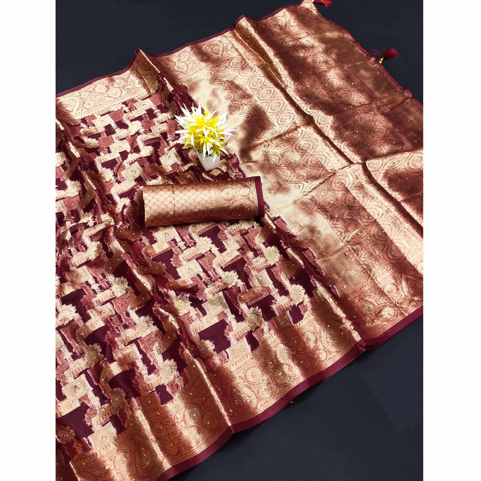Wine Stone Work Woven Organza Jacquard Saree - Image 4