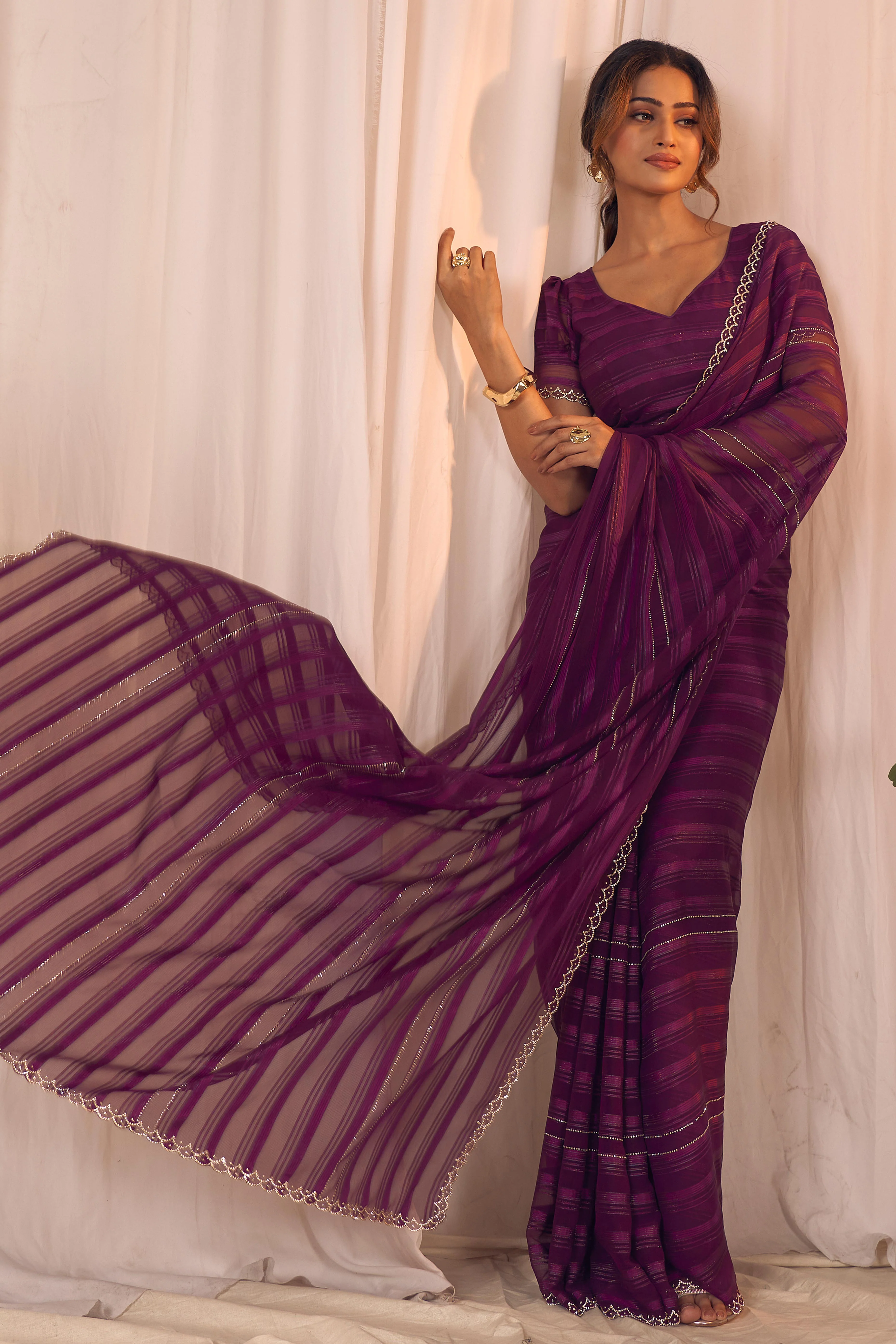 Wine Striped Designer Georgette Saree Adorned With An Elegant Zarkan Cutwork Border - Image 4