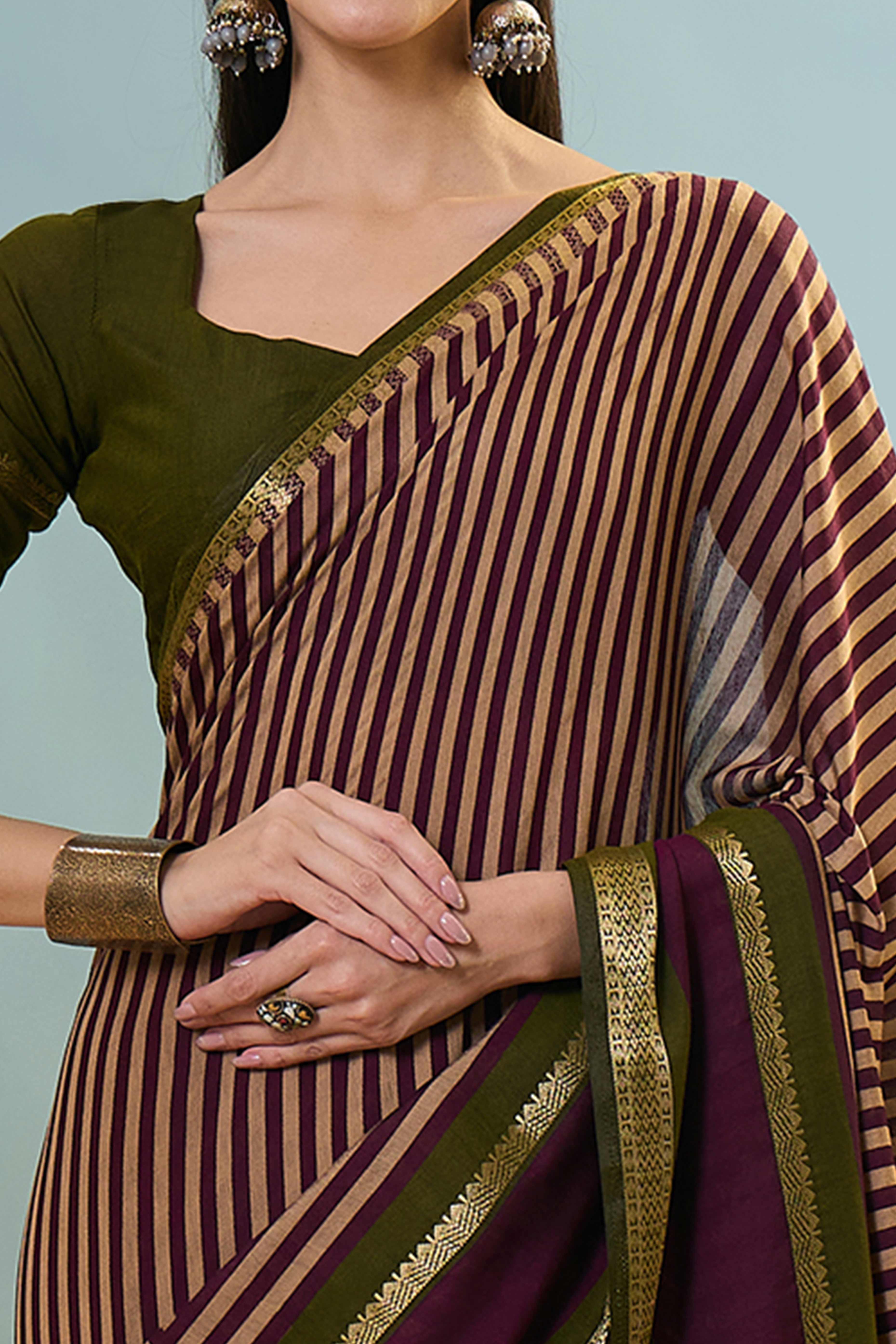 Wine Striped Printed Viscose Saree with a Subtle Zari Finish - Image 2