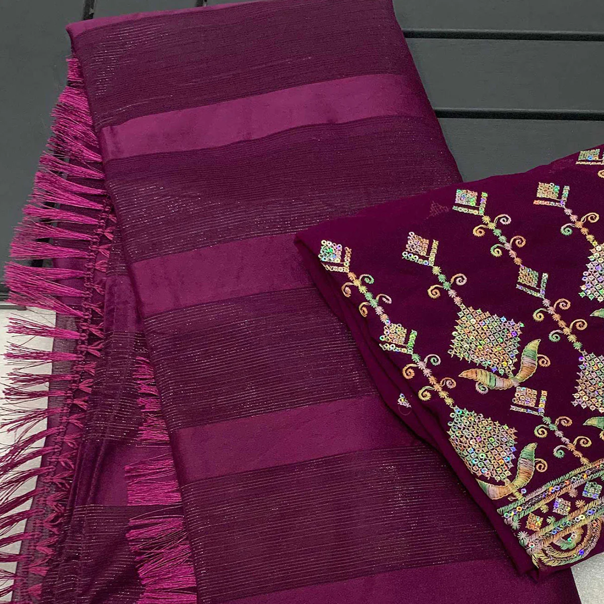 Wine Striped Woven Chiffon Silk Saree With Tassels - Image 2