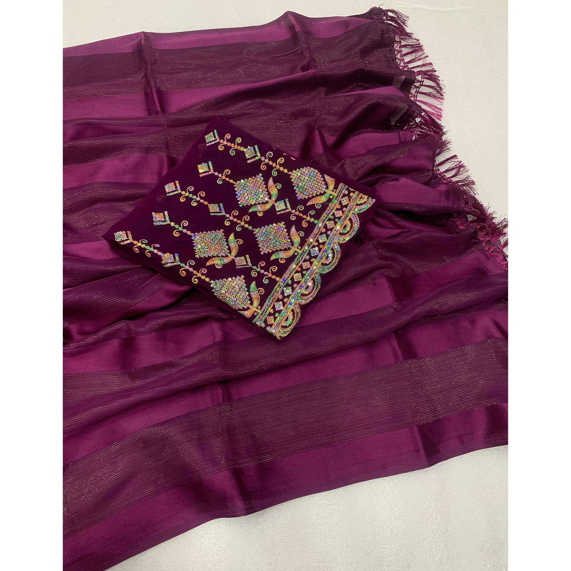 Wine Striped Woven Chiffon Silk Saree With Tassels - Image 3
