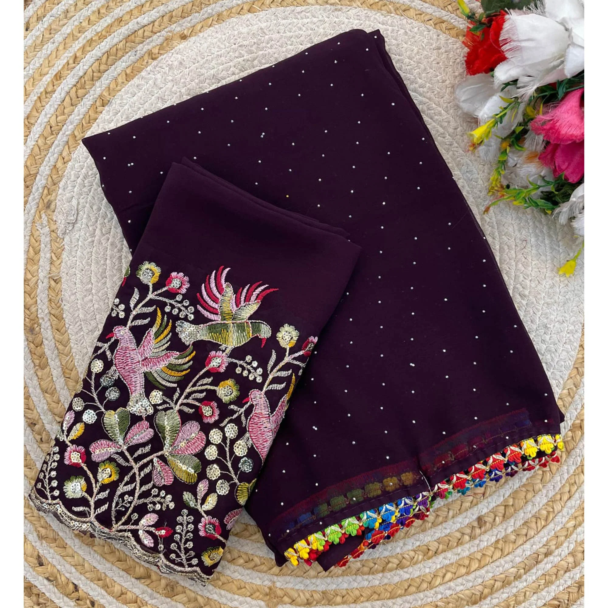 Wine Swarovski Work Embroidered Georgette Saree - Image 3