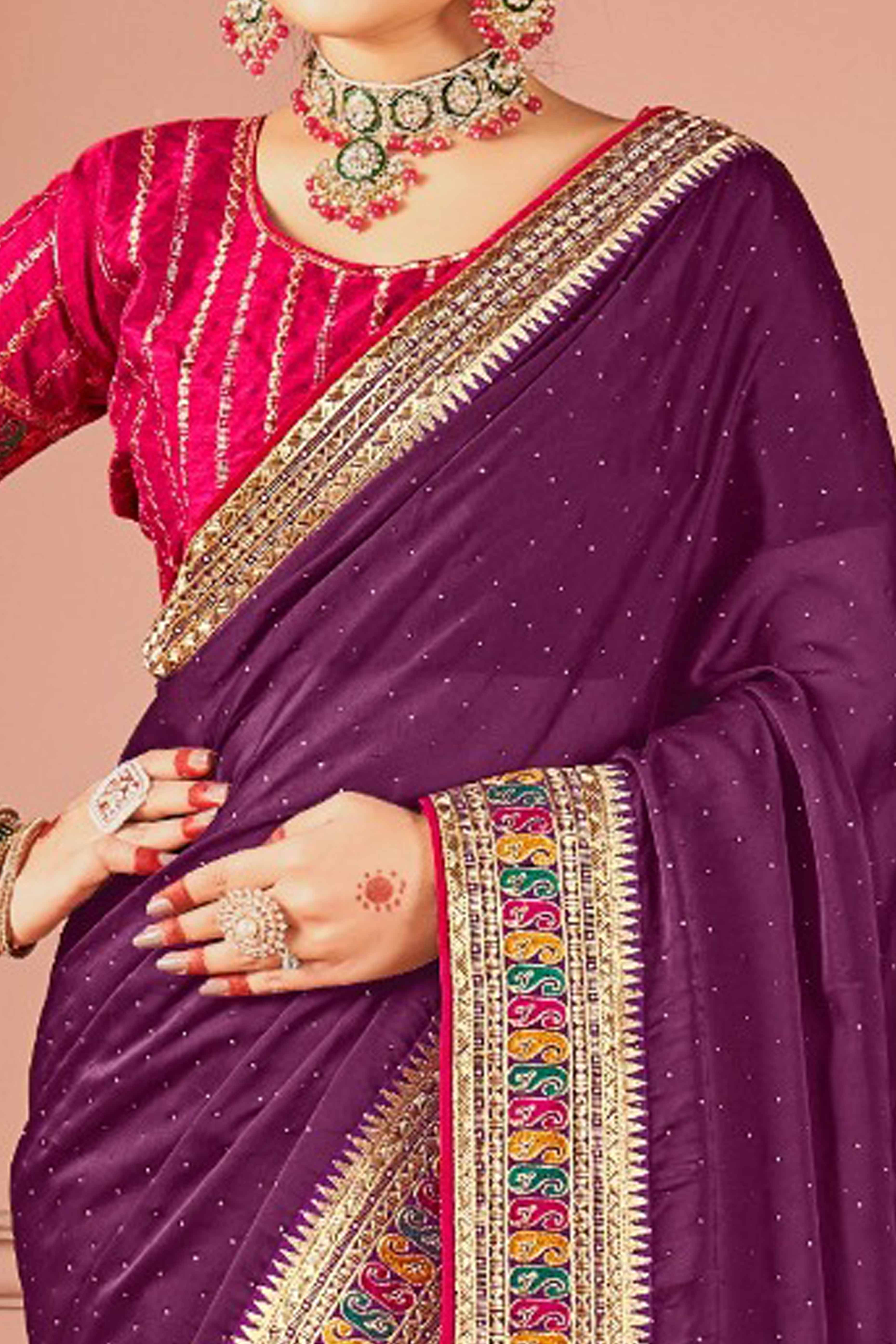 Wine Swarovski Work Satin Rangoli Saree With Embroidered Border - Image 2