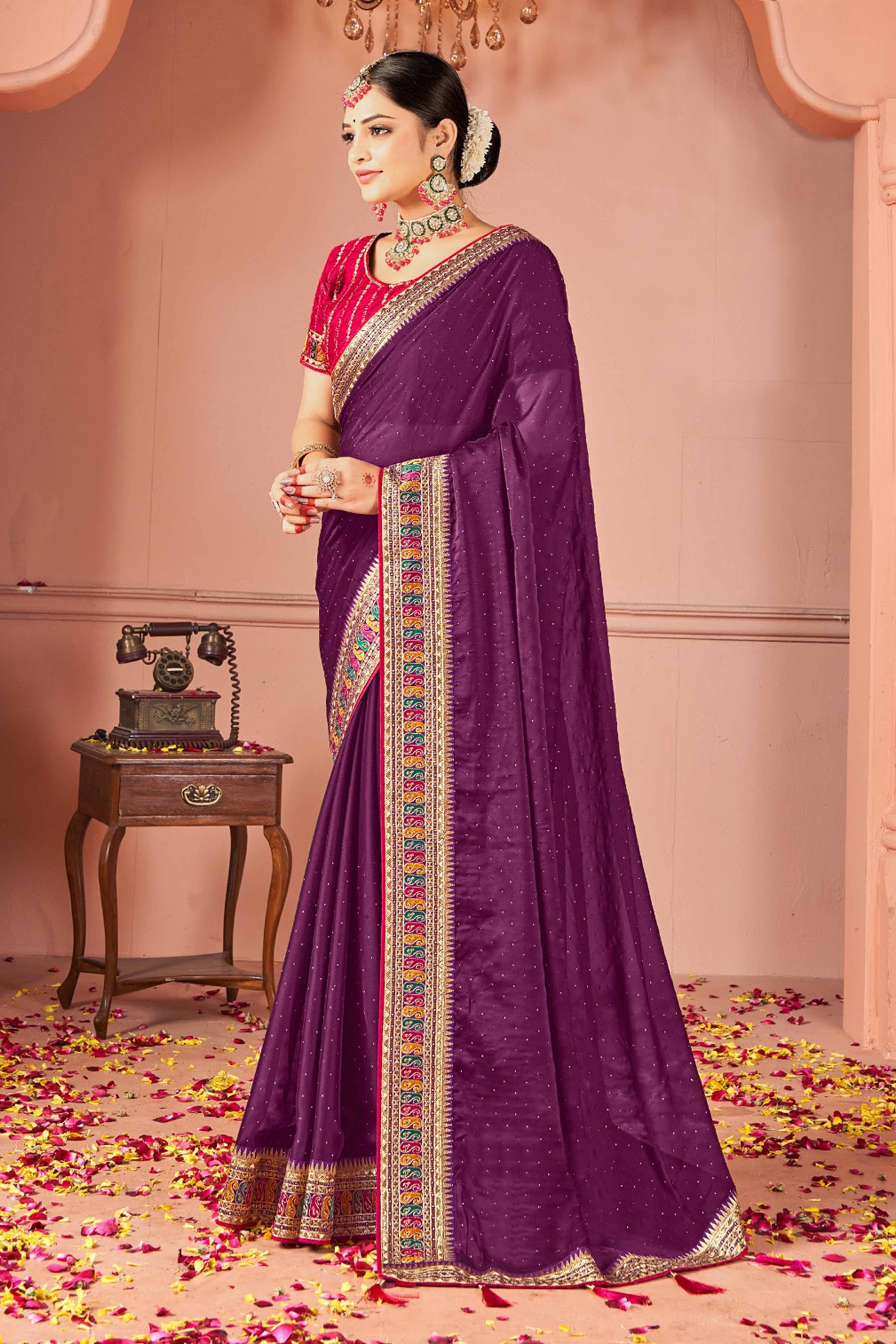 Wine Swarovski Work Satin Rangoli Saree With Embroidered Border - Image 3