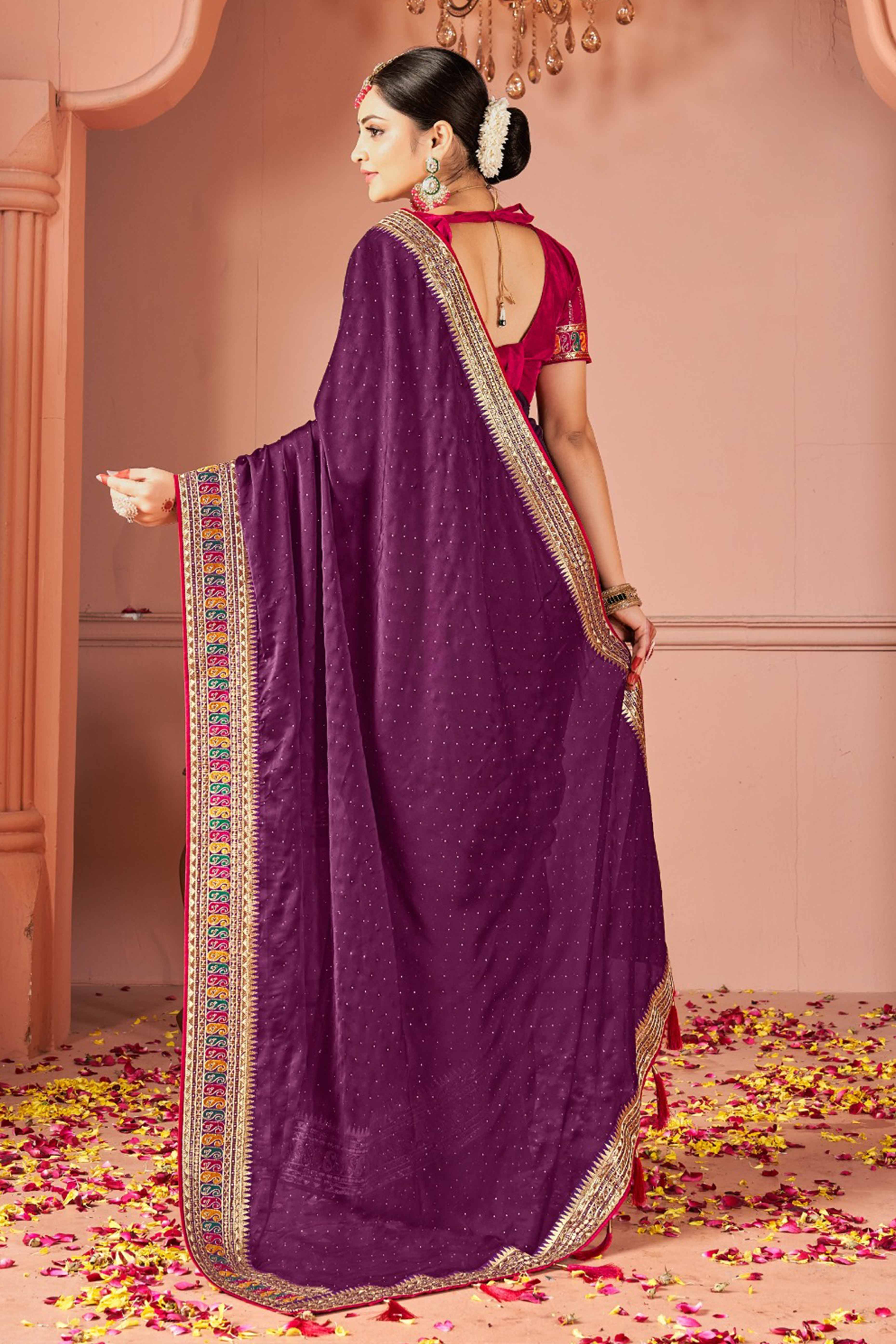 Wine Swarovski Work Satin Rangoli Saree With Embroidered Border - Image 4
