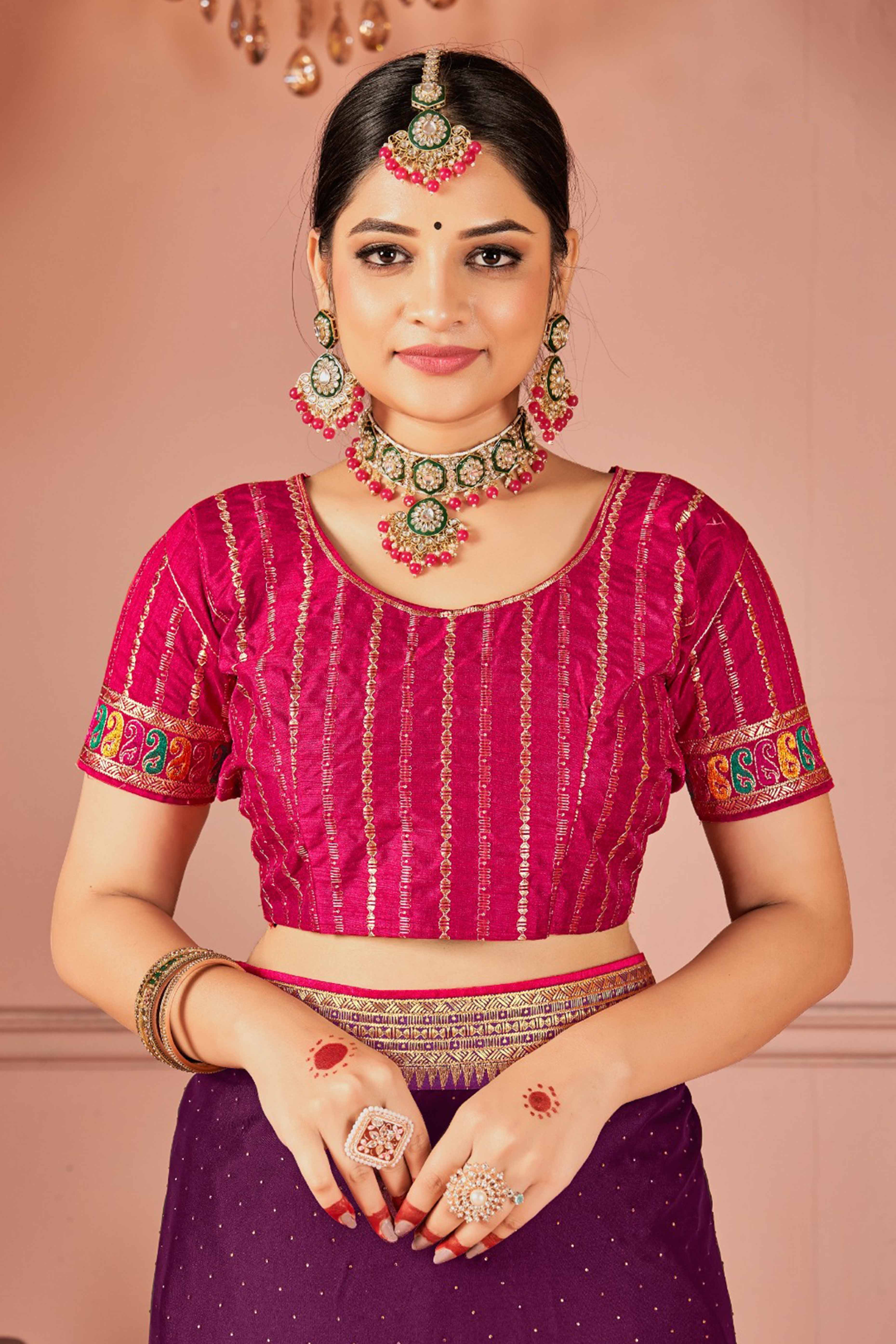 Wine Swarovski Work Satin Rangoli Saree With Embroidered Border - Image 5