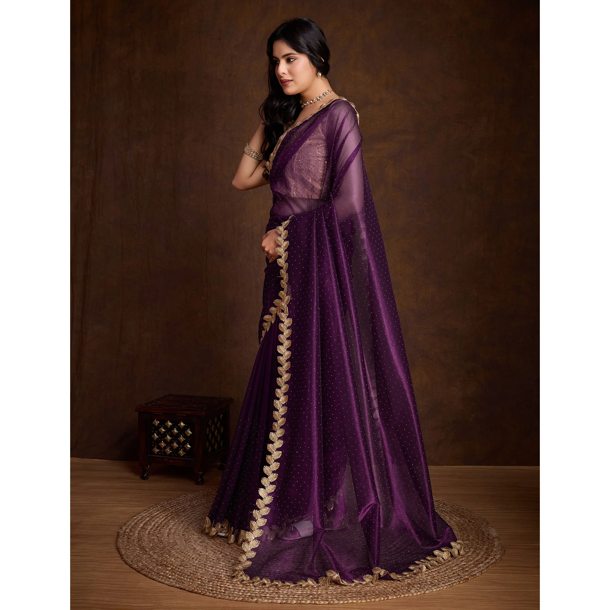 Wine Swarovski Work Shimmer Net Saree - Image 5
