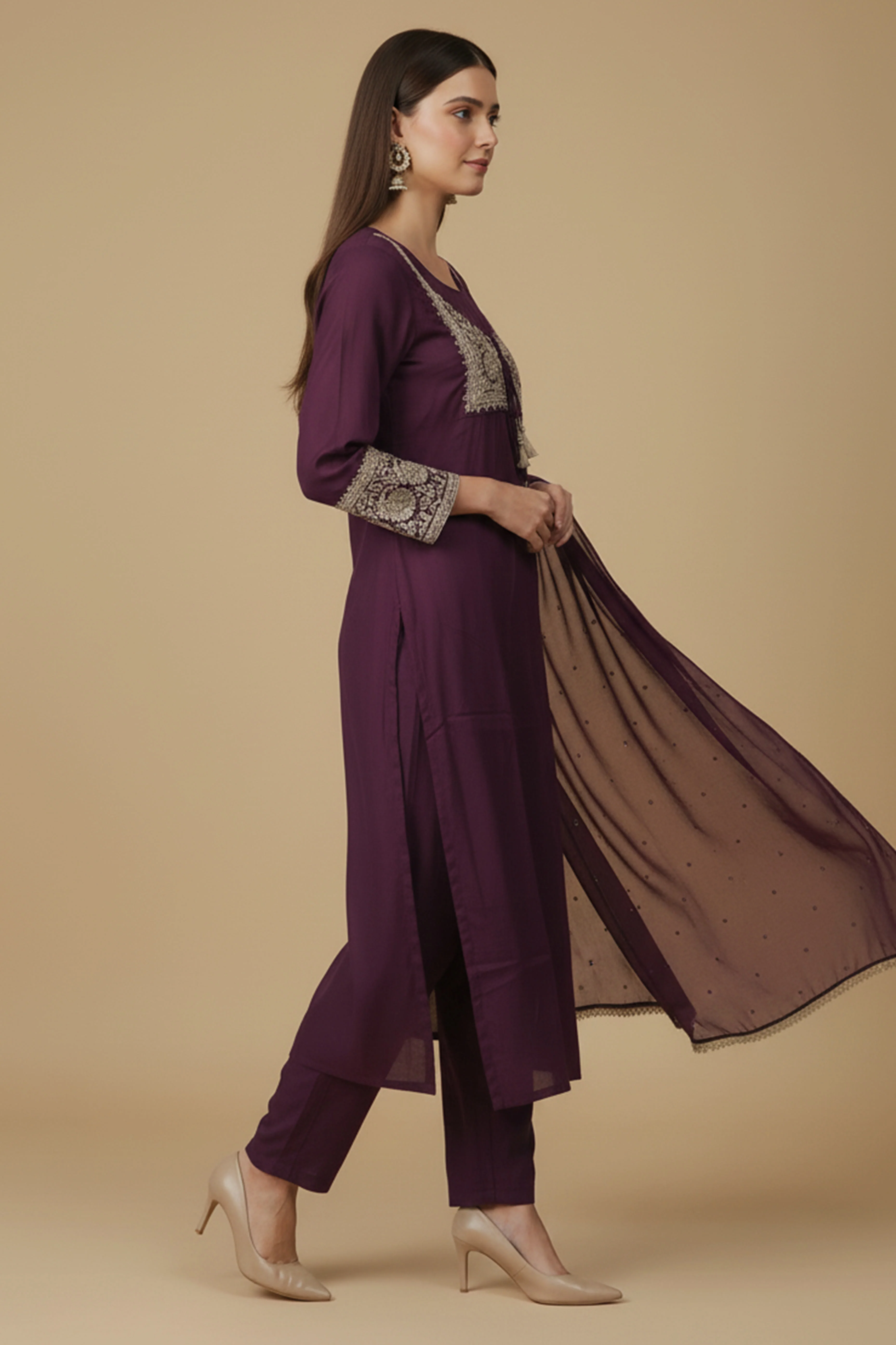 Wine Thread Embroidered Designer Chinon A-Line Salwar Suit - Image 4