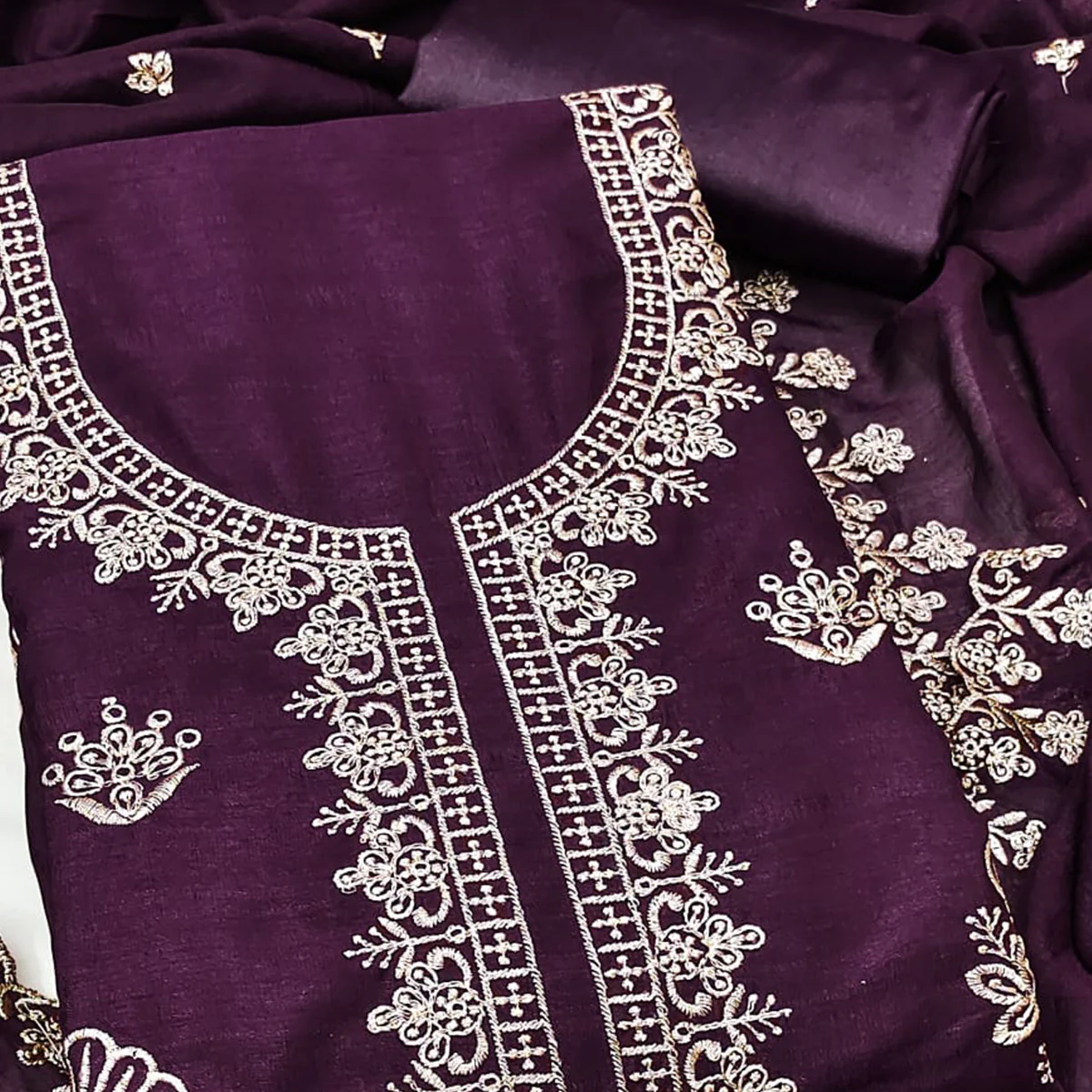 Wine Thread Embroidered Vichitra Silk Dress Material Perfect for Party & Festive Wear - Image 2