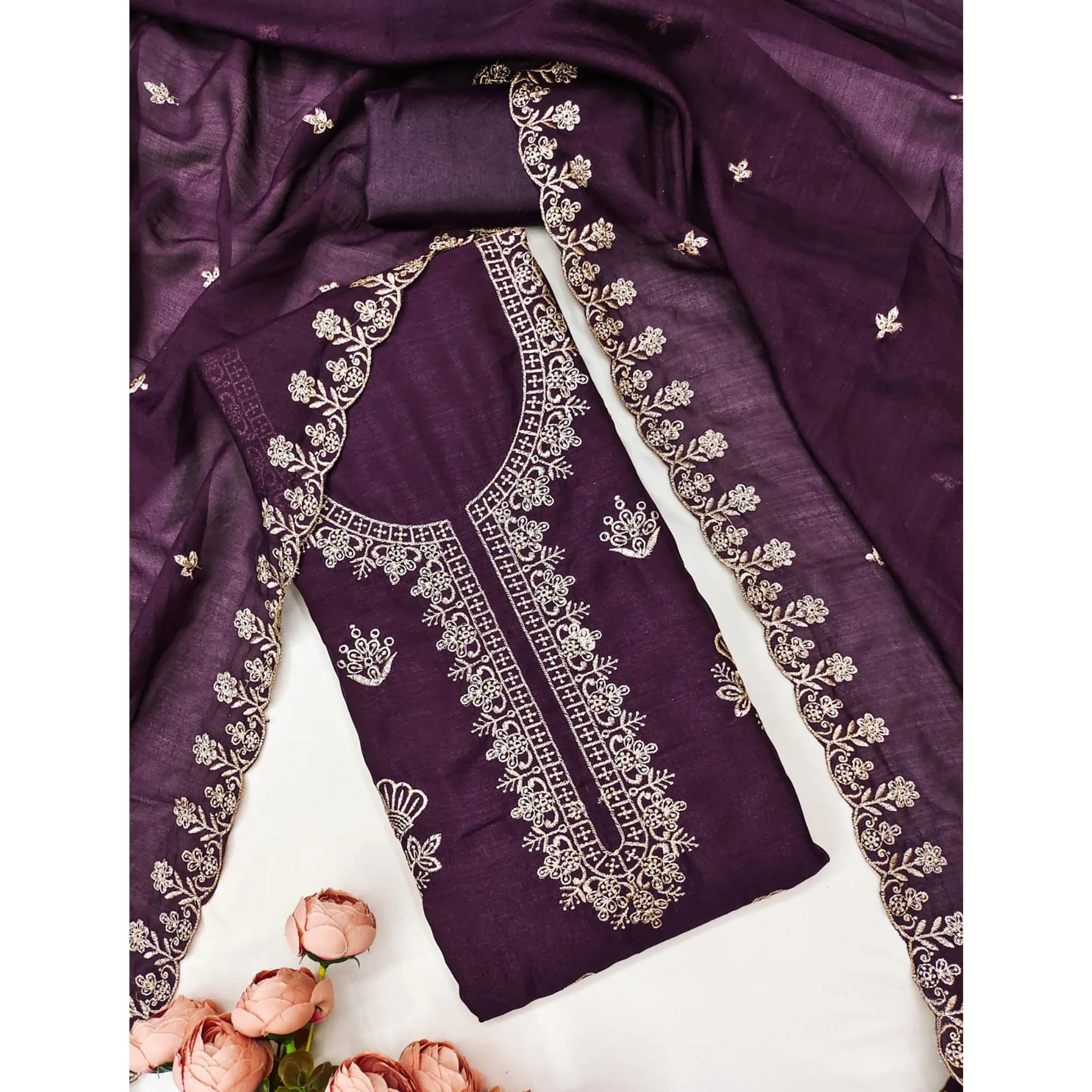 Wine Thread Embroidered Vichitra Silk Dress Material Perfect for Party & Festive Wear - Image 3
