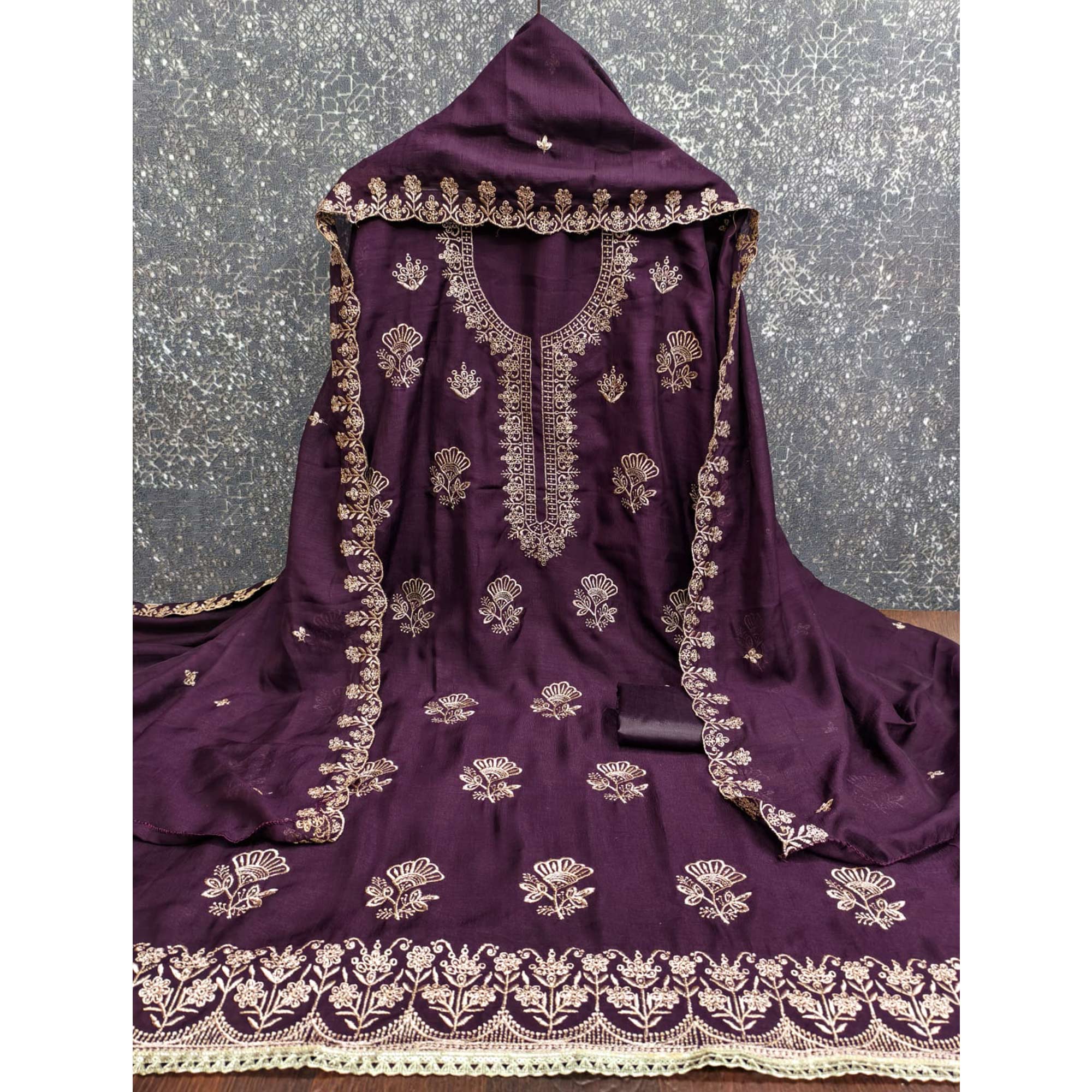 Wine Thread Embroidered Vichitra Silk Dress Material Perfect for Party & Festive Wear - Image 4