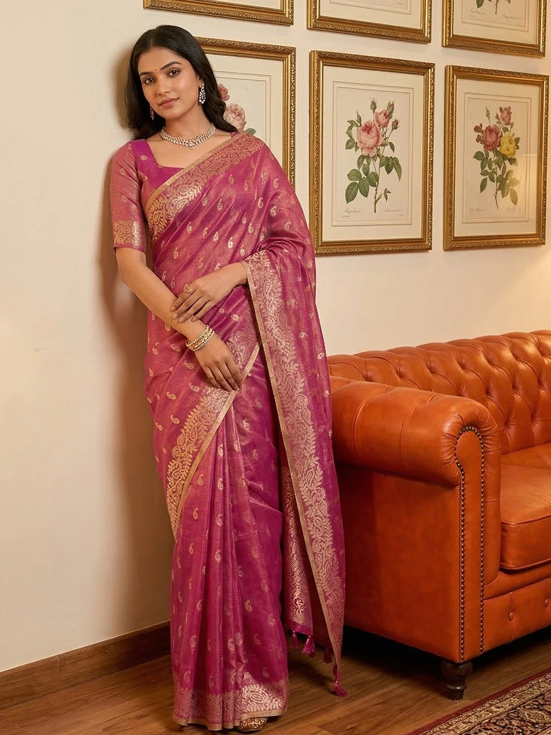 Wine Tissue Saree with Intricate Golden Zari Detailing