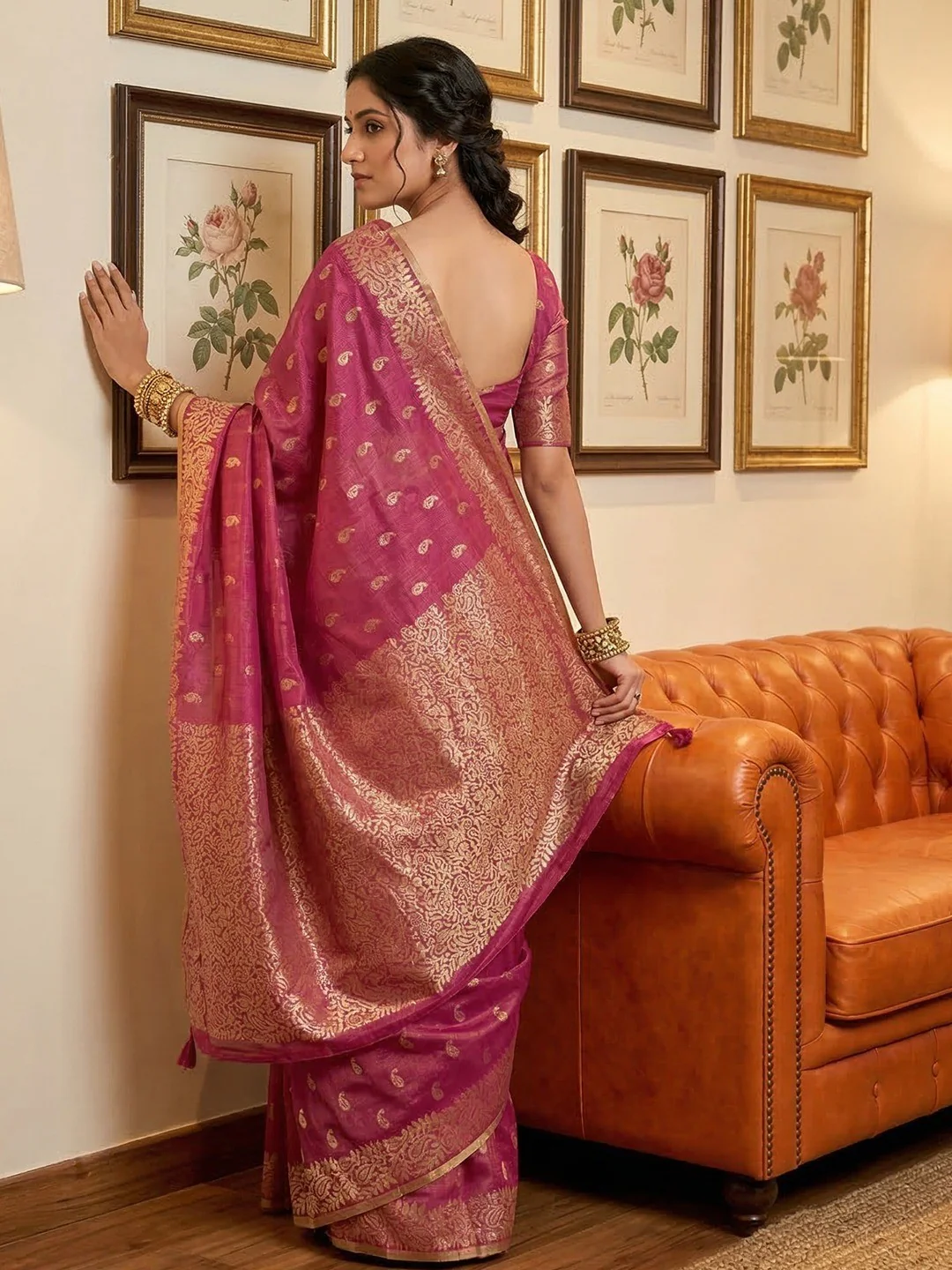 Wine Tissue Saree with Intricate Golden Zari Detailing - Image 2