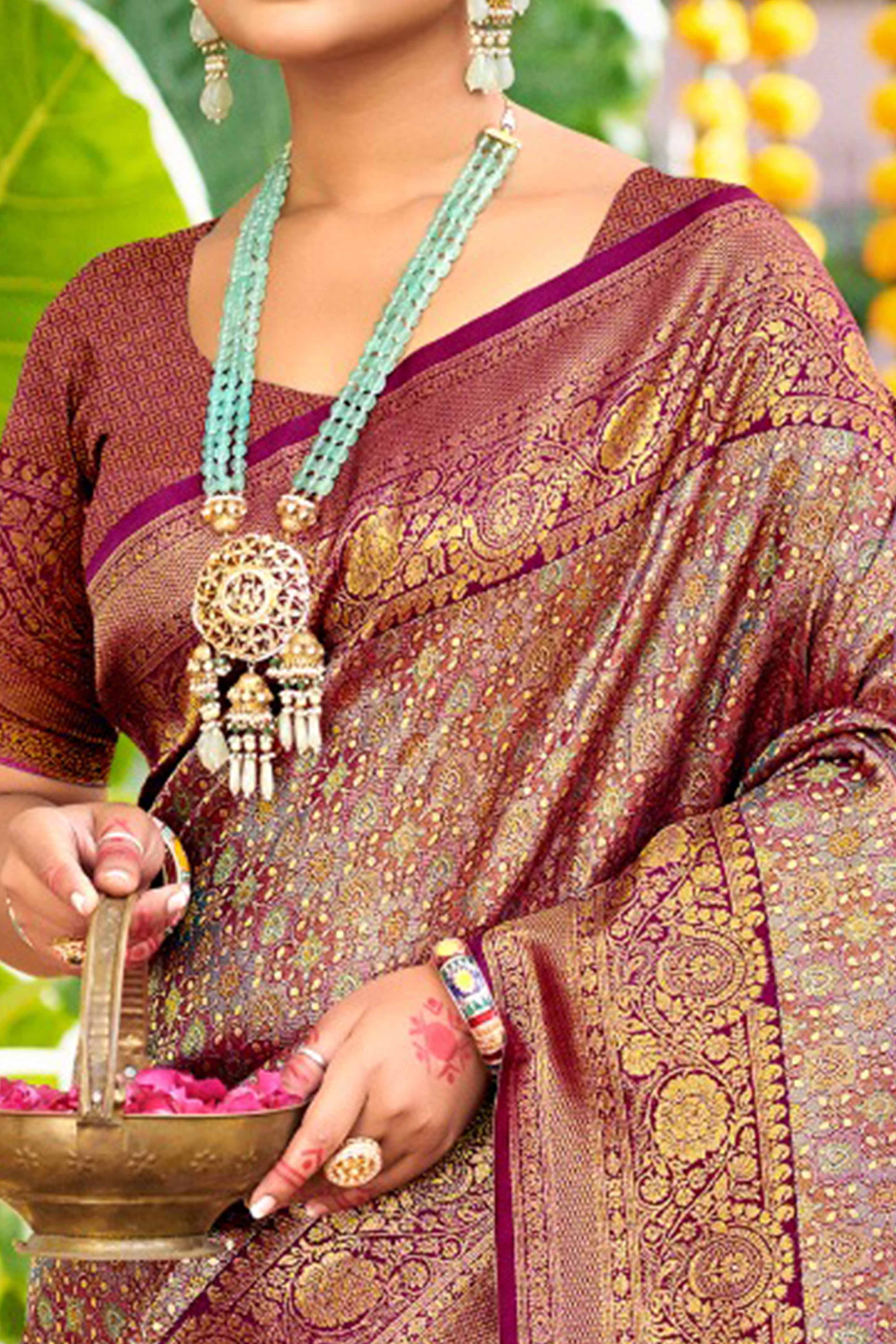 Wine Traditional Silk Blend Dharmavaram Saree With Floral Weaves & Tassels Pallu - Image 2