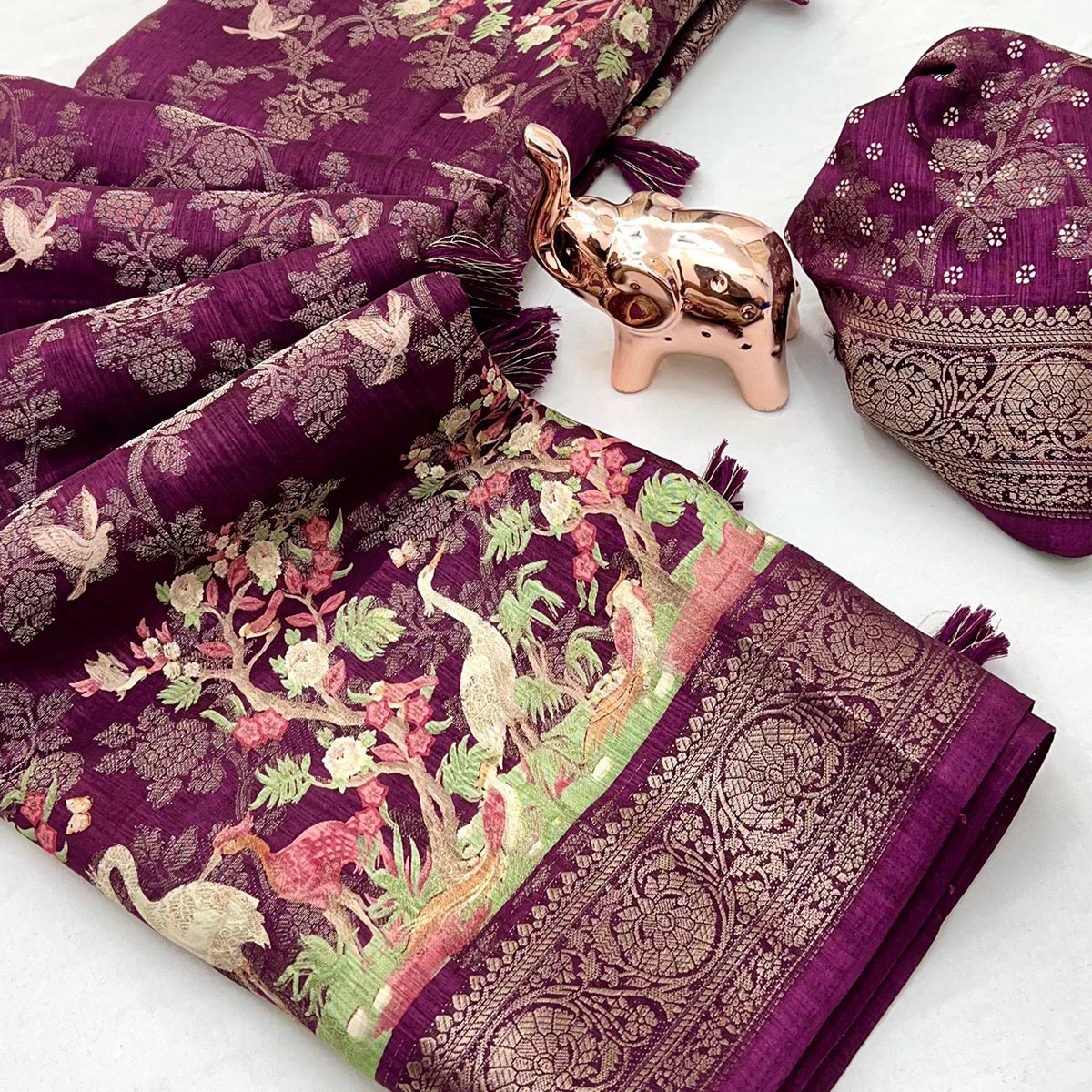 Wine Tussar Silk Jacquard Saree With Intricate Floral Zari Weaving & Tassel Border - Image 2