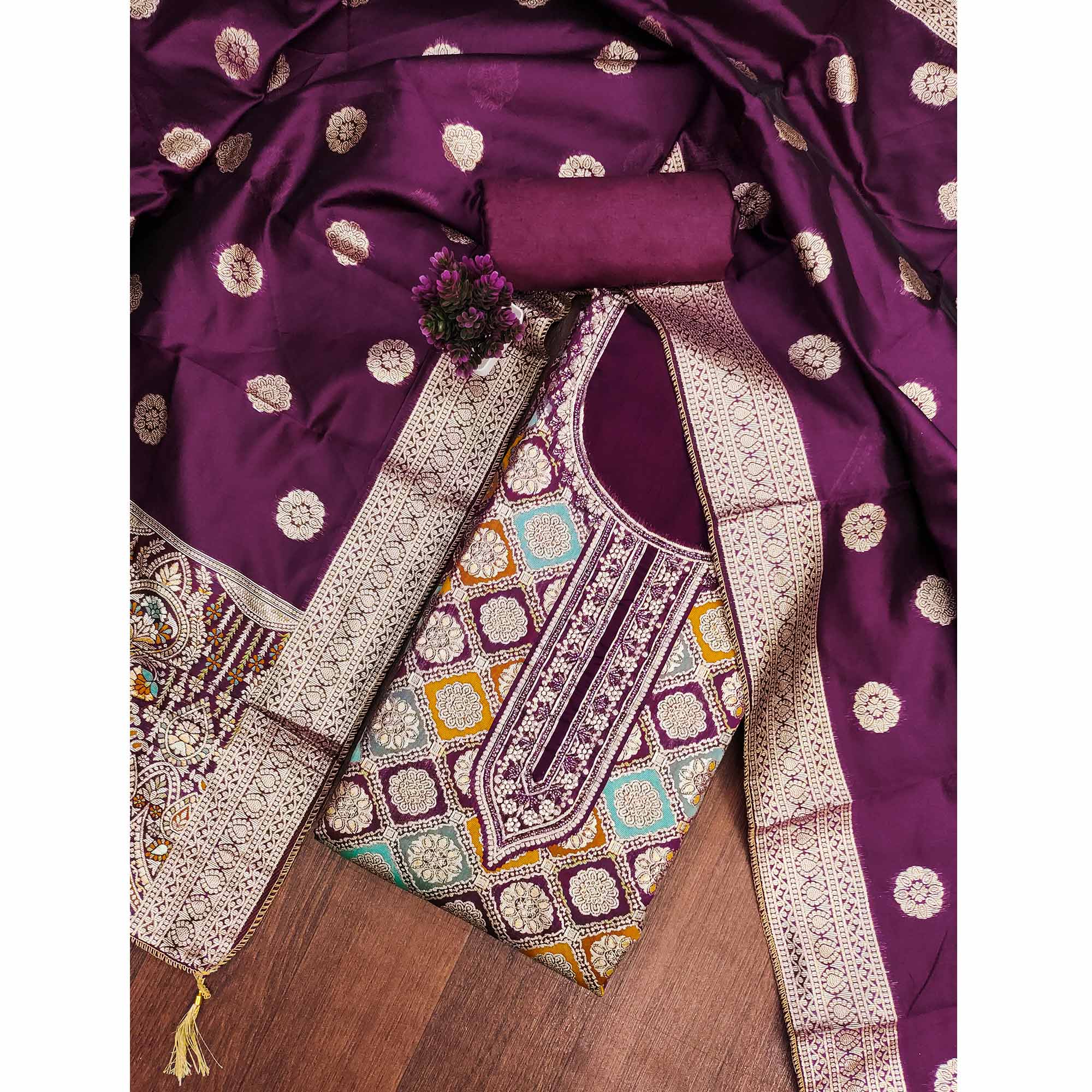 Wine Unstitched Dress Material in Zari Woven Jacquard - Image 3