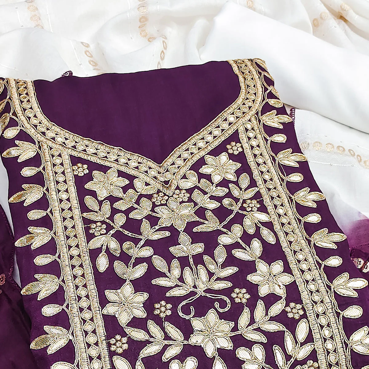 Wine Vichitra Silk Dress Material With Exquisite Floral Embroidery & Gota Patti Accents - Image 2