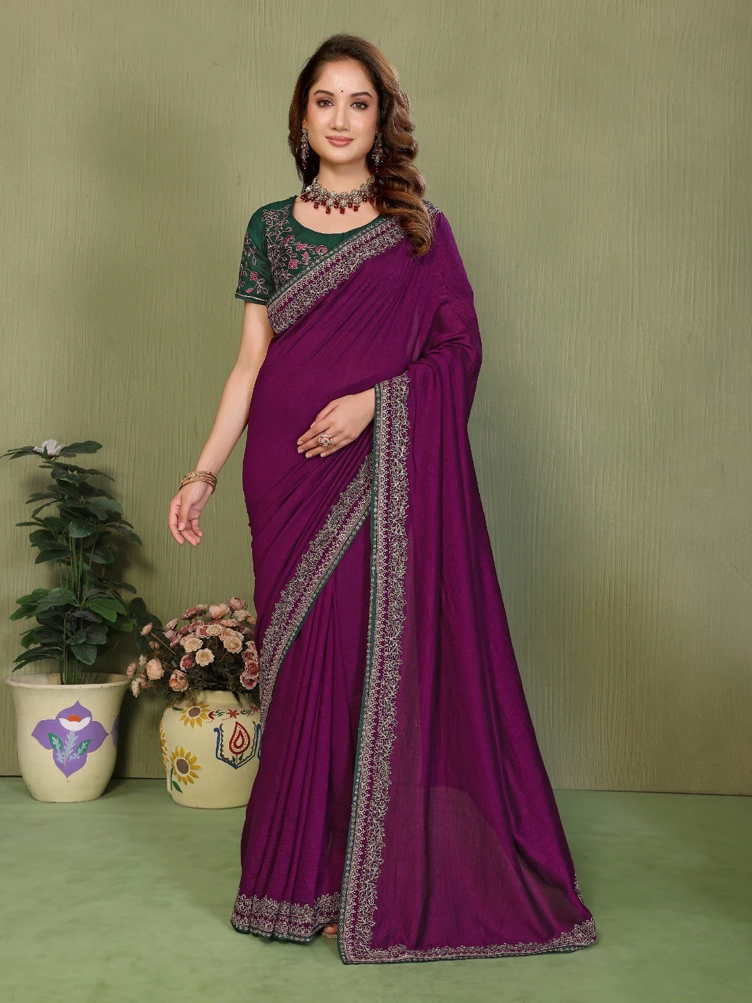 Wine Vichitra Silk Party Wear Saree Featuring Detailed Stone Work and Rich Elegant Finish
