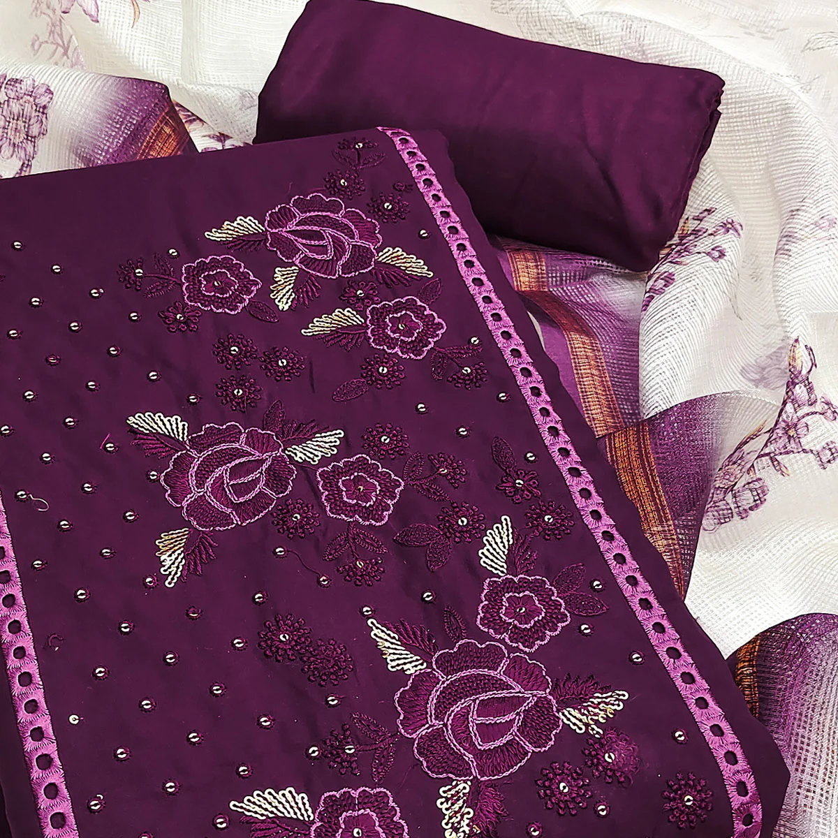 Wine Viscose Dress Material With Stunning Floral Sequin Embroidery - Image 2