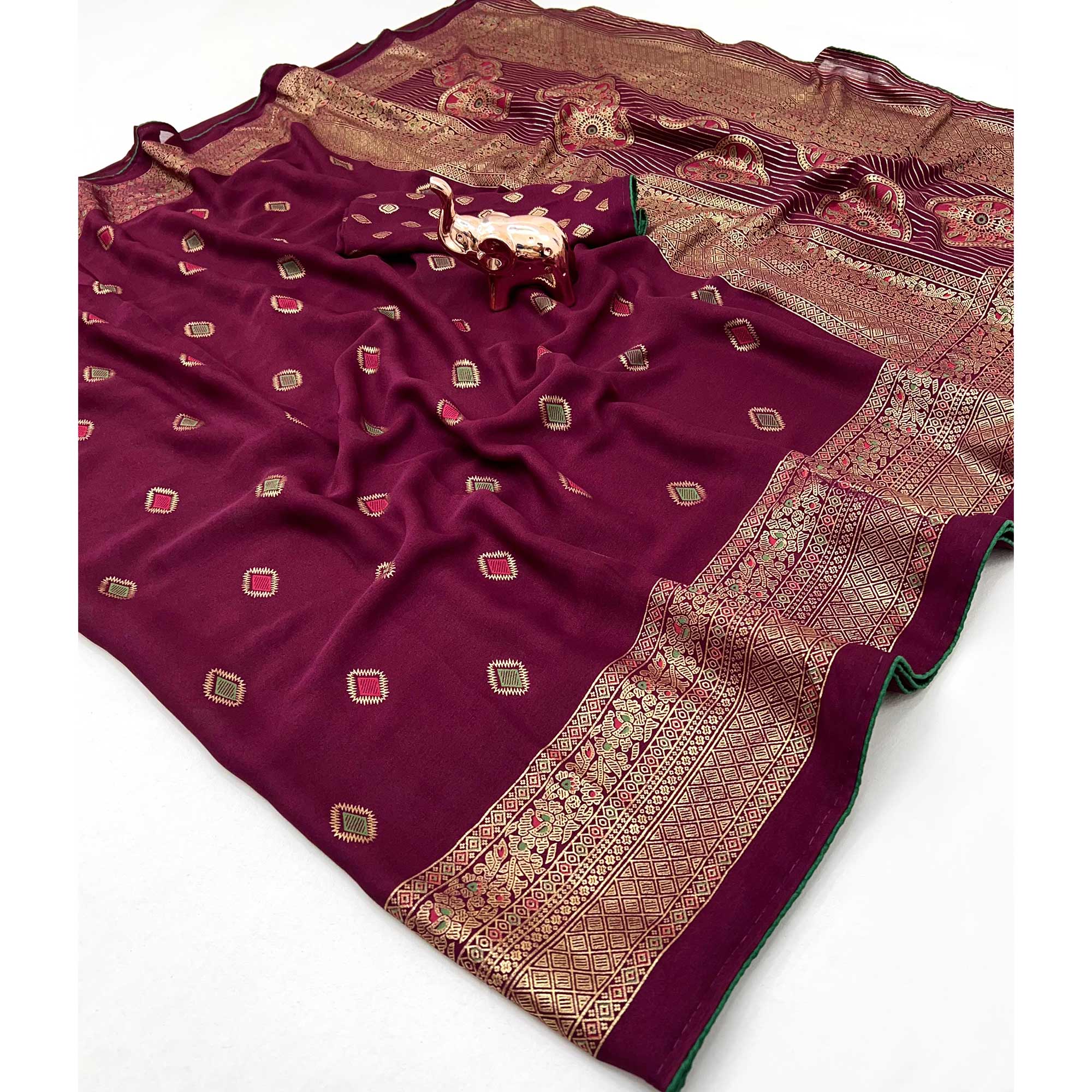 Wine Viscose Saree with Foil Geometric Prints - Image 3