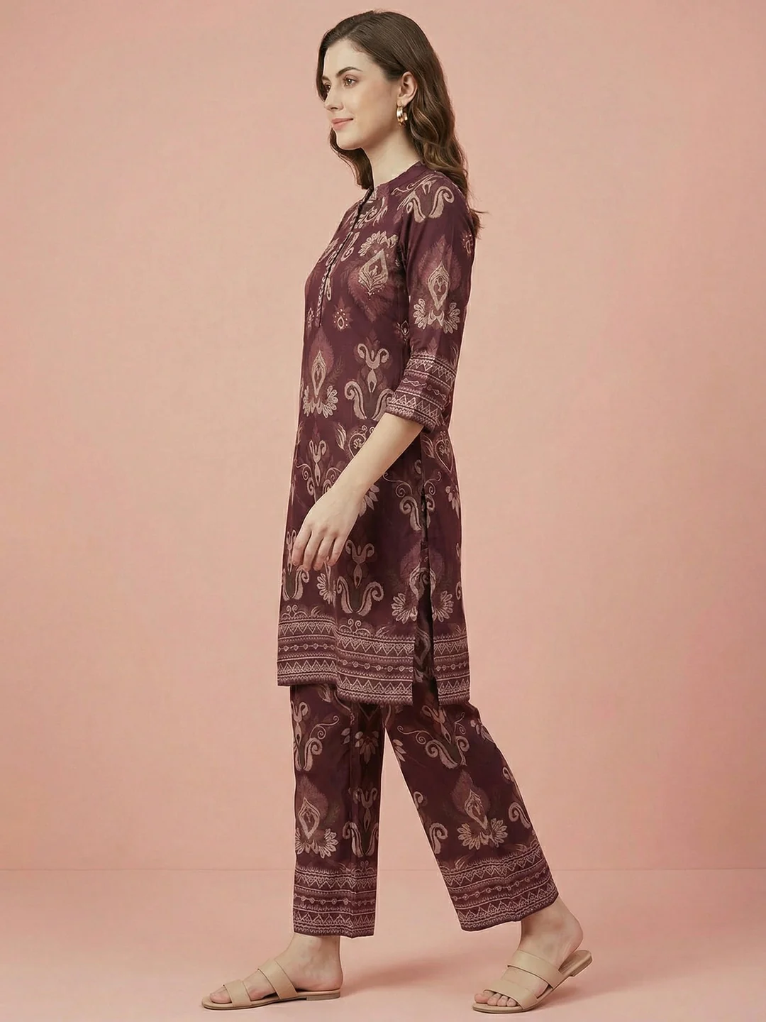 Wine Viscose Two Piece Top Bottom Set with Delicate Floral Print Design - Image 2