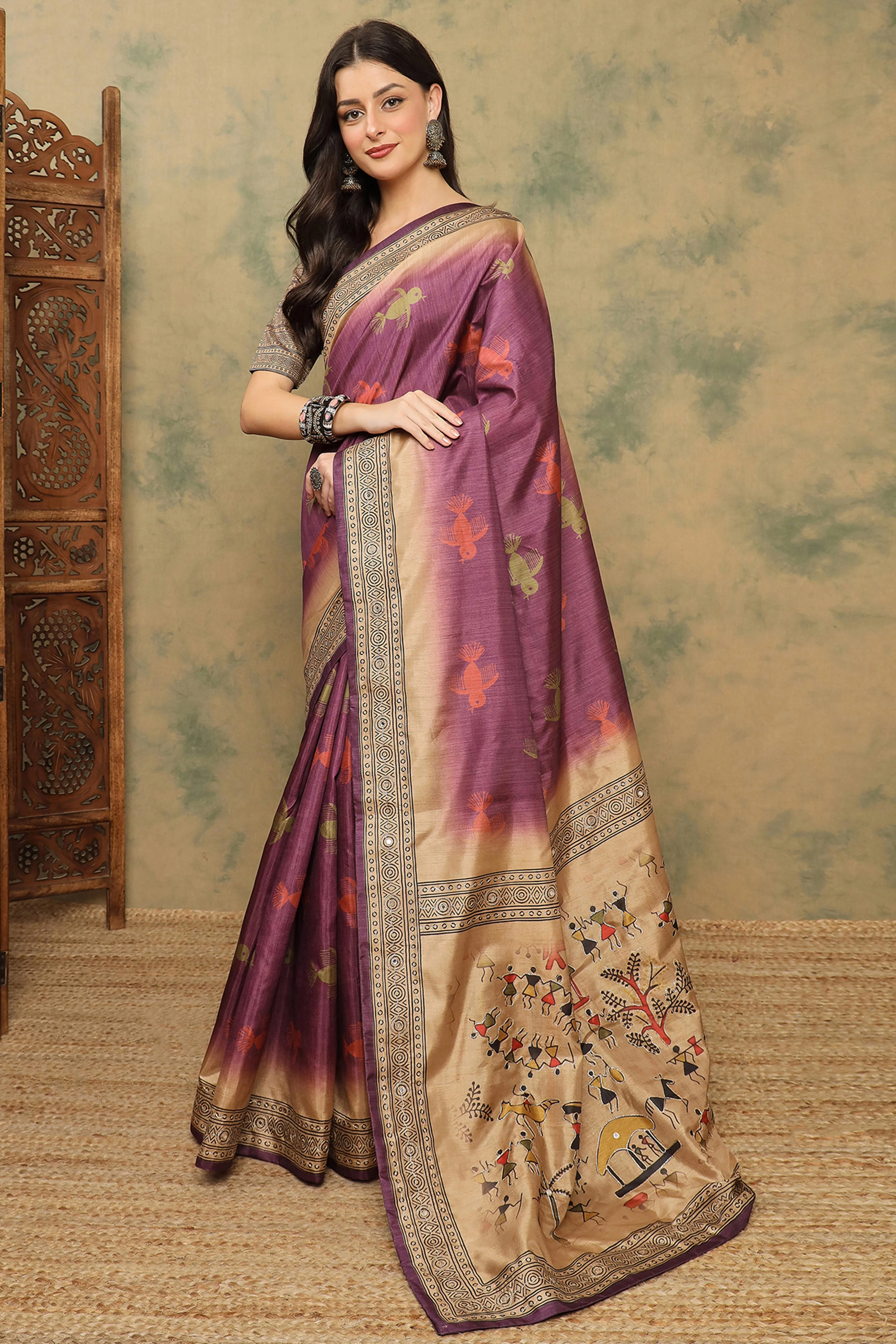 Wine Warli Folk Art Printed Cotton Silk Saree Flowy Drape Festive Wear - Image 3