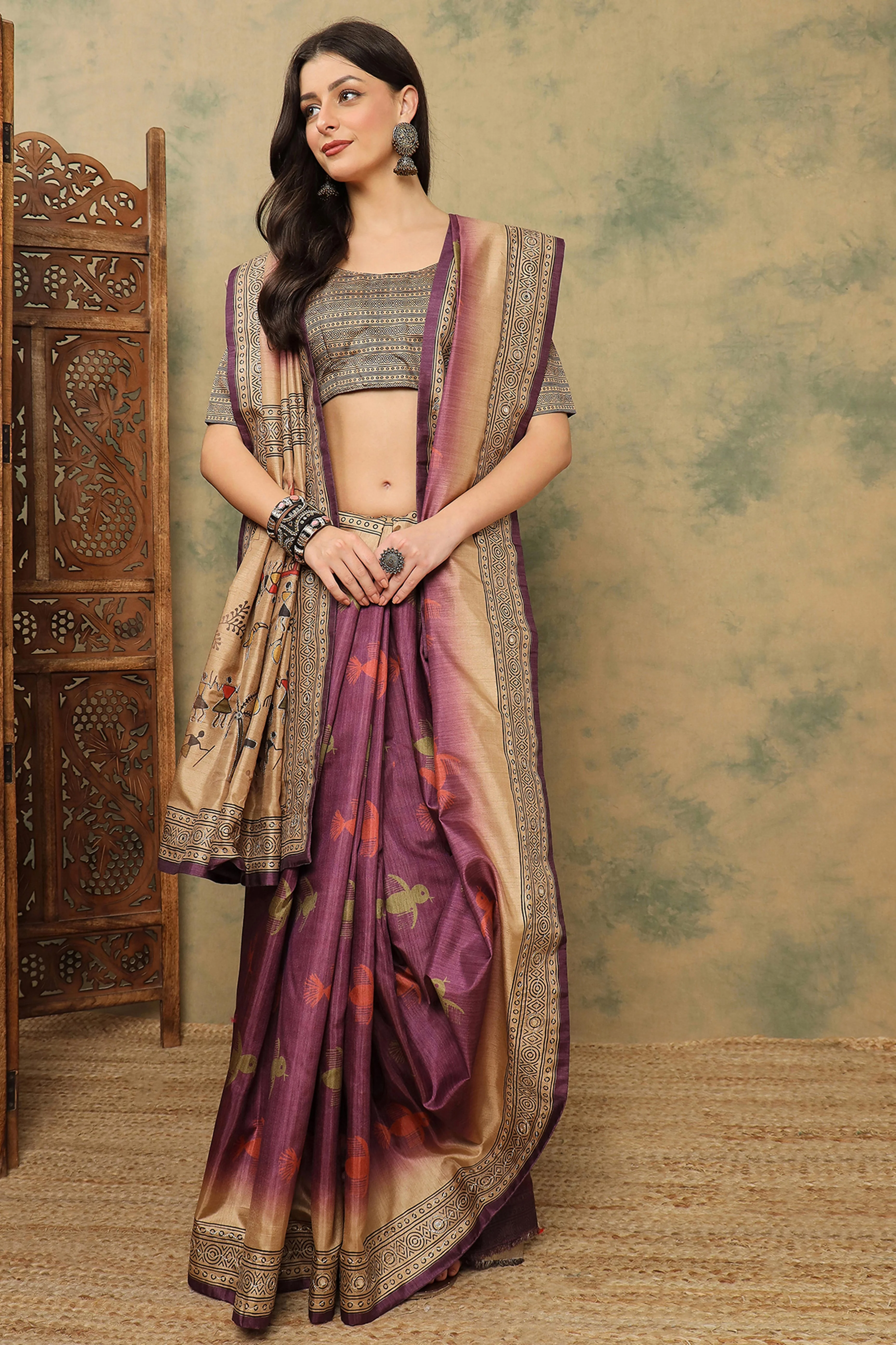 Wine Warli Folk Art Printed Cotton Silk Saree Flowy Drape Festive Wear - Image 4