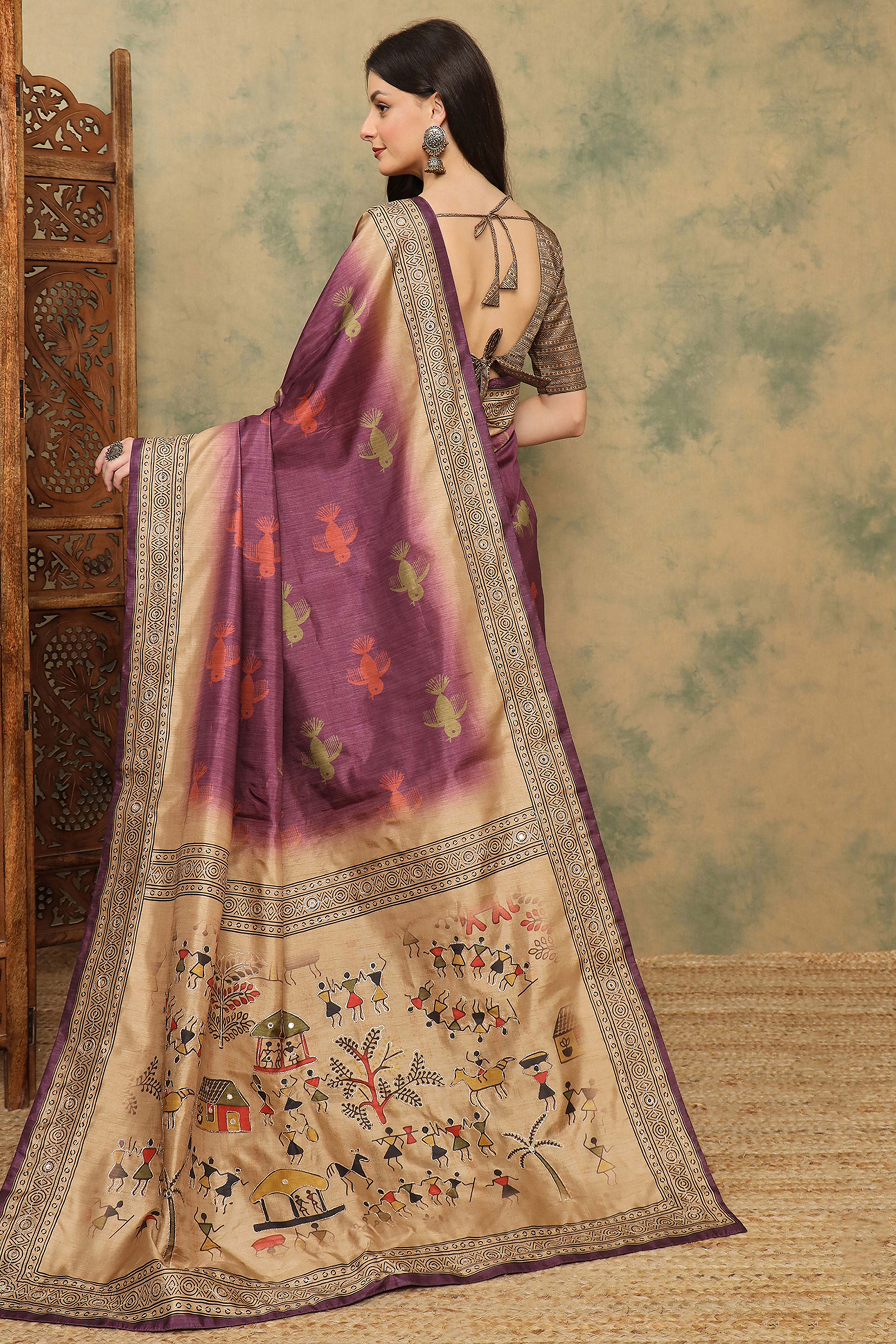 Wine Warli Folk Art Printed Cotton Silk Saree Flowy Drape Festive Wear - Image 5