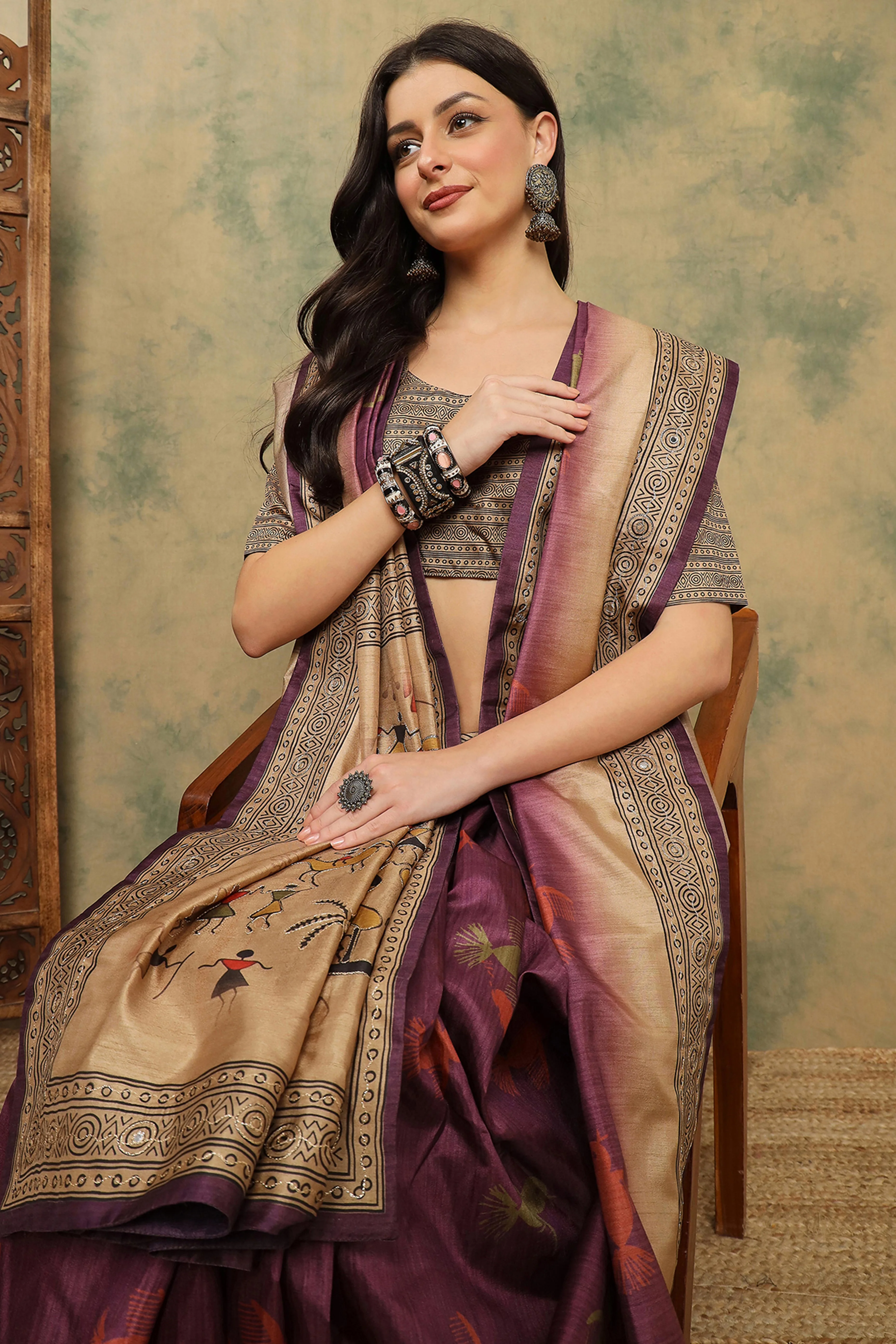 Wine Warli Folk Art Printed Cotton Silk Saree Flowy Drape Festive Wear - Image 6